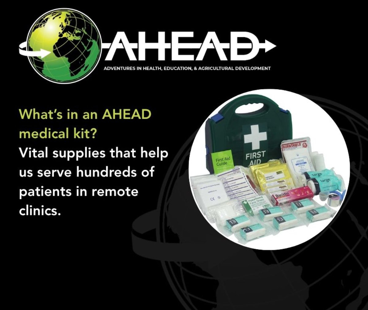 What’s in an AHEAD medical kit? Vital supplies that help us serve hundreds of patients in remote clinics. aheadinc.org/donate  #MedicalMission #GlobalHealthTools