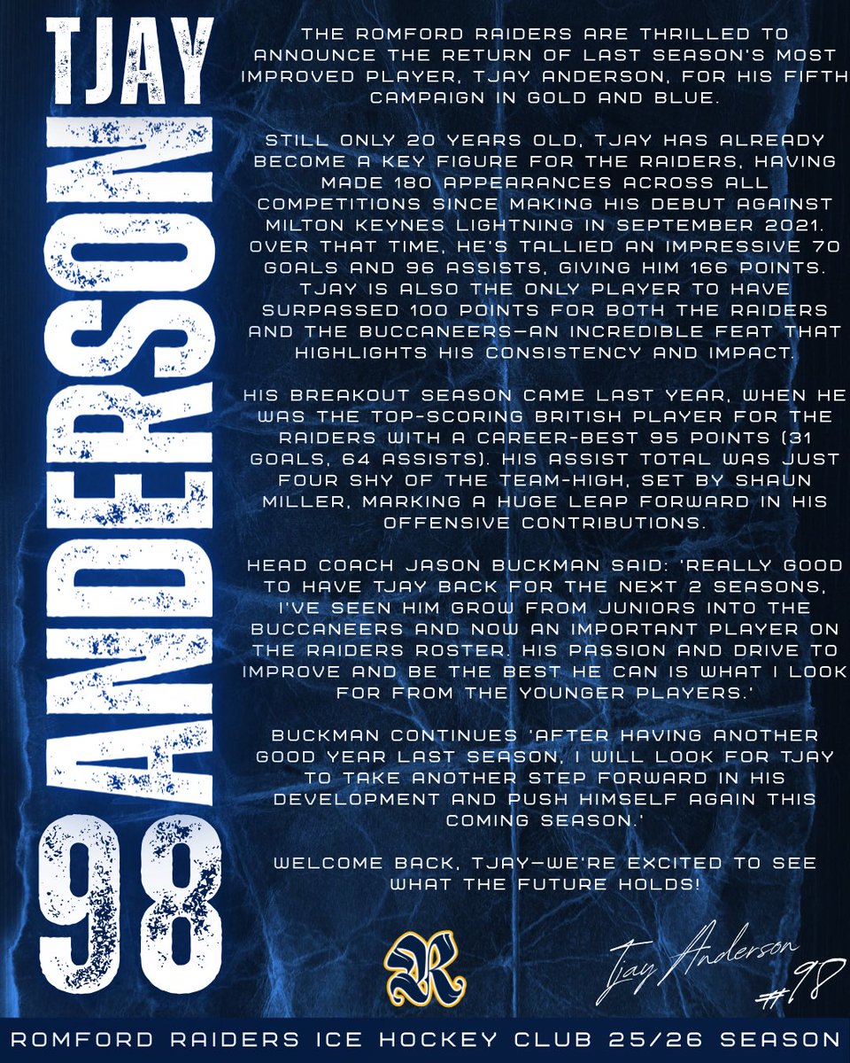 Raiders_IHC's tweet image. π π΅ Tjay Anderson Returns for His Fifth Season With the Romford Raiders! π π΅
The Romford Raiders are thrilled to announce the return of last seasonβs Most Improved Player, Tjay Anderson, for his fifth campaign in Gold and Blue.π
Welcome back, Tjay!