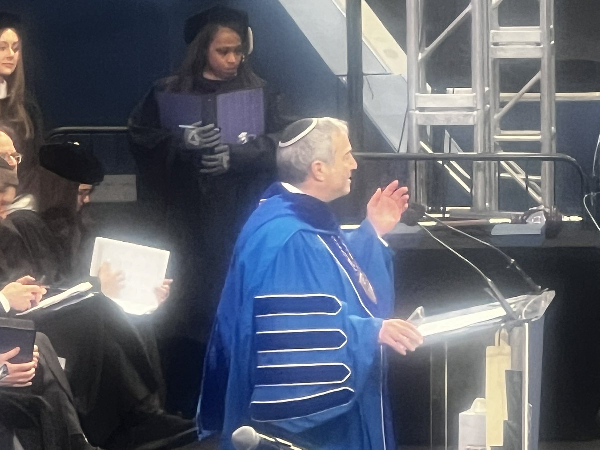 JewishCartoon's tweet photo. @YeshivaUni Commencement 2025 nice statement that Pres R Dr @AriBerman Berman is wearing a Srugah kippah. #maccabee #moderation #mazeltov https://t.co/dnddPH0xKy
