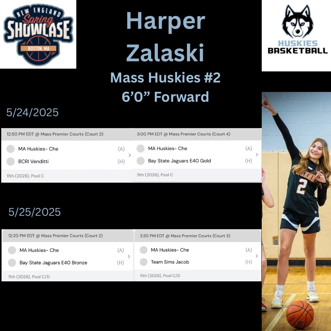 Harper Zalaski (@harperzalaski2) on Twitter photo Back on the court with my <a href="/MAHuskies/">MA_Huskies</a> teammates this weekend at the <a href="/SelectEventsBB/">Select Events Basketball</a> New England Spring Showcase. Come watch us! Here is the most up to date schedule for the weekend.
<a href="/coachchekim1/">Che</a> Back on the court with my <a href="/MAHuskies/">MA_Huskies</a> teammates this weekend at the <a href="/SelectEventsBB/">Select Events Basketball</a> New England Spring Showcase. Come watch us! Here is the most up to date schedule for the weekend.
<a href="/coachchekim1/">Che</a>