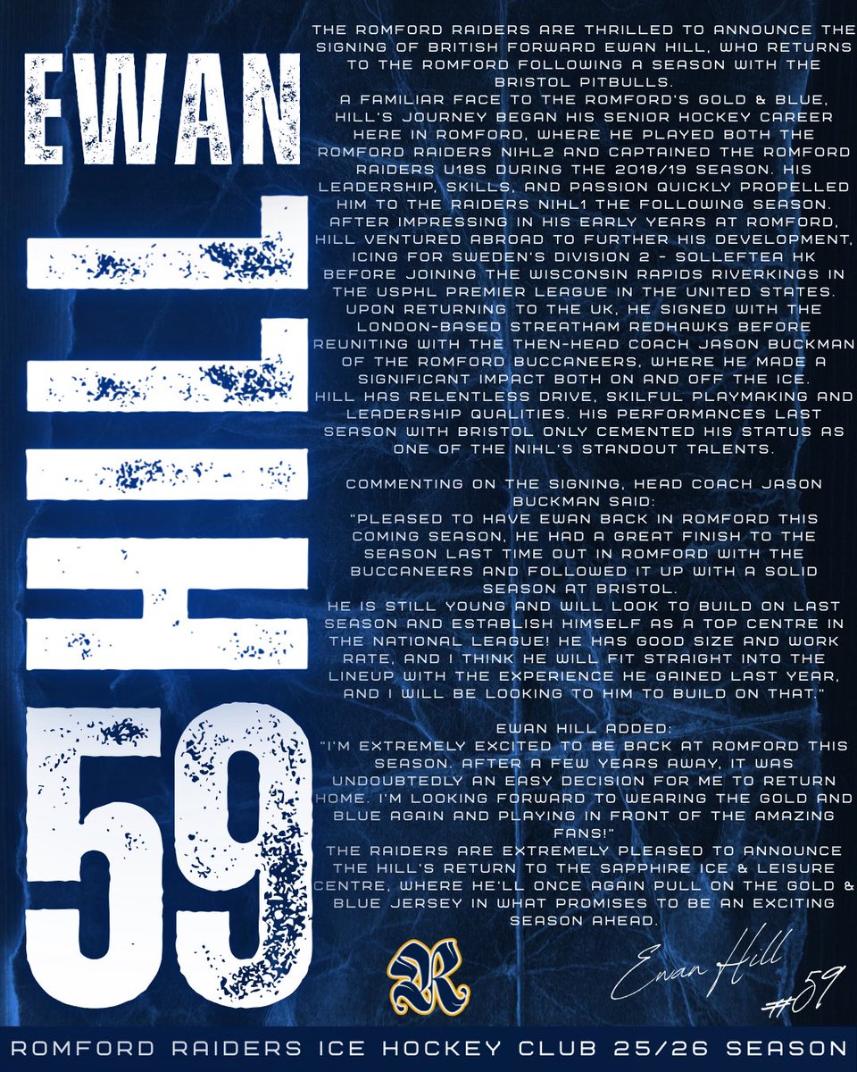 Raiders_IHC's tweet image. π£ Hill Returns to Romford! π£
The Romford Raiders are thrilled to announce the signing of British forward Ewan Hill, who returns to the Romford following a season with the Bristol Pitbulls.
Welcome back, Ewan!π π΅