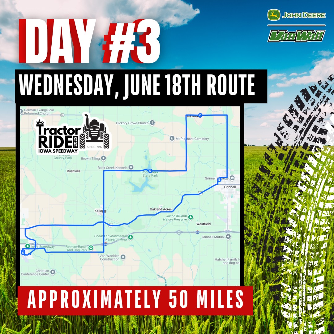 The Big Show (@bigshowfarm) on Twitter photo The route for the final day of the <a href="/WHORadio/">NEWSRADIO 1040 WHO</a> Great Iowa Tractor Ride has been announced!! ๐
On Wednesday, June 18th's route we'll be visiting Grinnell on our 50-mile ride!
SIGN UP TODAY to join us on this years ride:
whoradio.iheart.com/featured/tractโฆ
<a href="/QuinnWHO/">Bob Quinn</a> <a href="/radiomurley/">duane murley</a> The route for the final day of the <a href="/WHORadio/">NEWSRADIO 1040 WHO</a> Great Iowa Tractor Ride has been announced!! ๐
On Wednesday, June 18th's route we'll be visiting Grinnell on our 50-mile ride!
SIGN UP TODAY to join us on this years ride:
whoradio.iheart.com/featured/tractโฆ
<a href="/QuinnWHO/">Bob Quinn</a> <a href="/radiomurley/">duane murley</a>