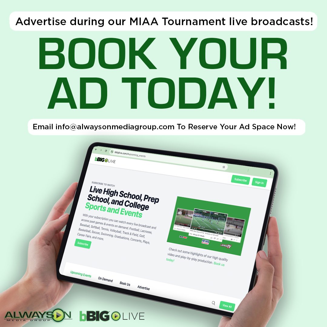 alwaysonlive_'s tweet image. There’s still available Ad Space left for our scheduled broadcasts- Book now by emailing info@alwaysonmediagroup.com !

#bBIGLive #SpringSports #BookToday