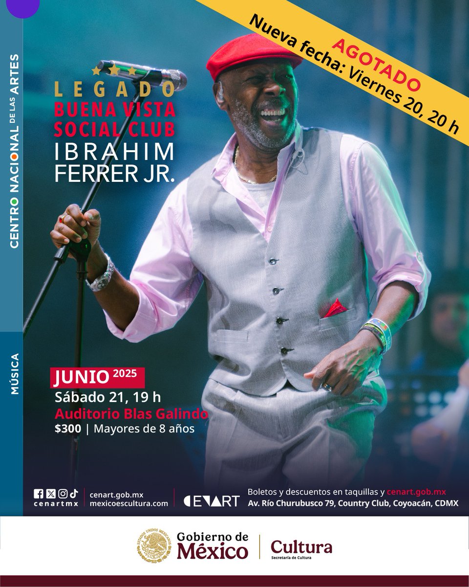 Nueva fecha por entradas agotadas! 20 de junio 8 PM
<a href="/cenartmx/">Centro Nacional de las Artes</a> Legado Buena Vista Social Club 💯🎶 
Boletos en taquilla o en cenart.comproboletos.com