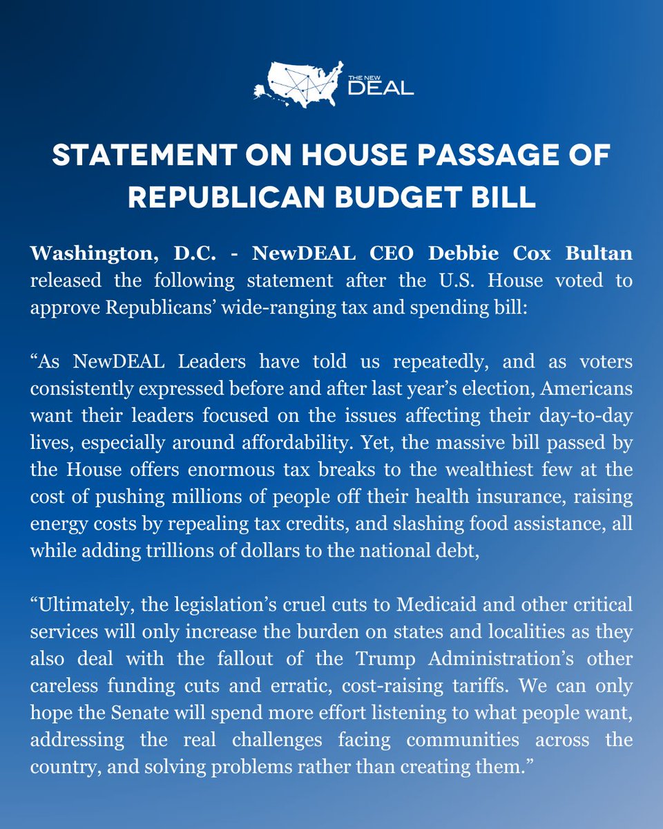 NewDEAL CEO Debbie Cox Bultan released the following statement on the House's passage of Republicans' budget bill.

📰 newdealleaders.org/news/statement…