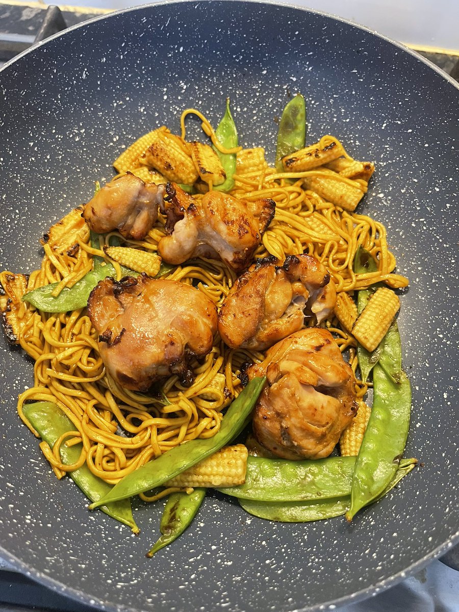 I have been posting a lot of gym stuff but not much on diet side 

Here’s an example of a dish I eat whilst I’m training 

Nice and quick air fried chicken (teriyaki) with egg noodles baby corn and mangetout   

I use a proper stone pan for good non stick and need of little oil