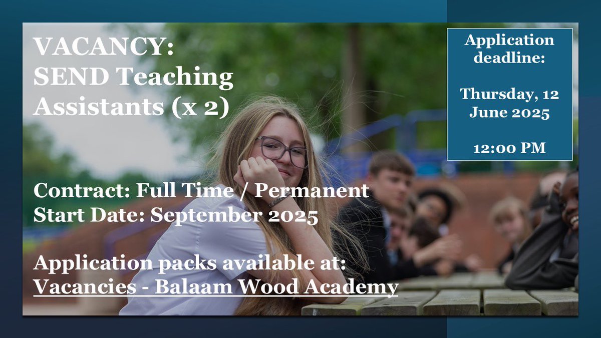 🔹 VACANCY! 🔹

We are currently recruiting for SEND TEACHING ASSISTANTS (x 2) to join our team. If this sounds like an opportunity for you, please visit our website to arrange a visit &amp; download an application pack: 

bwa.kevibham.org/academy-inform…