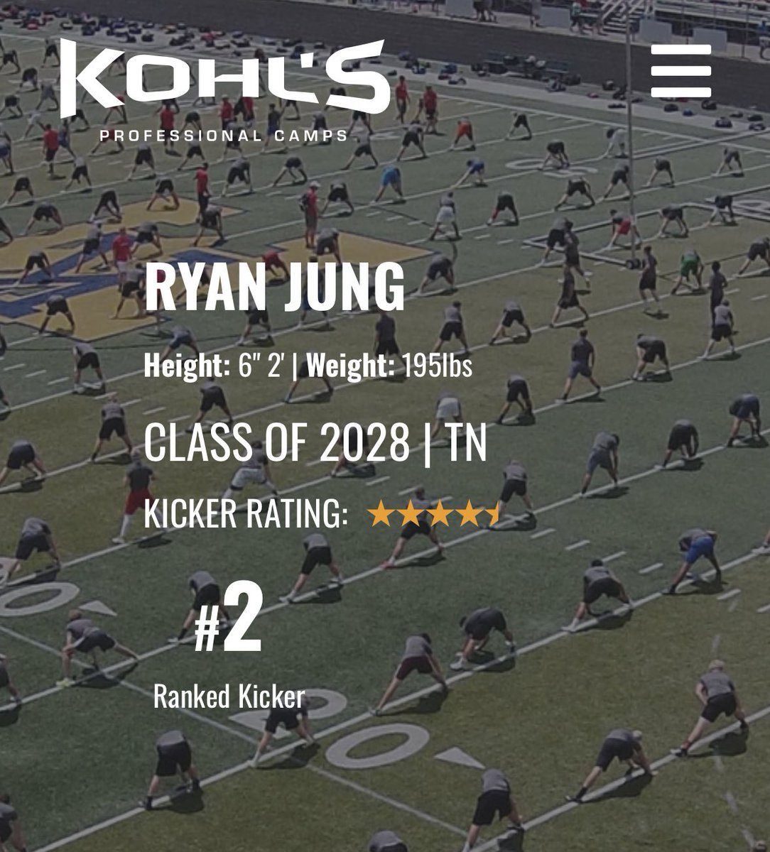 Ryan (@ryanjung2028) on Twitter photo Iβm blessed to be the number 2 kicker in the nation by <a href="/KohlsKicking/">Kohl's Kicking Camps</a> ! Thank you for always helping me <a href="/HKA_Tanalski/">Adam</a> <a href="/London_Bironas/">London Bironas</a> <a href="/MentalGamePro/">Coach Nicole</a> <a href="/CoachJamieG/">Coach Jamie Graham</a> Iβm blessed to be the number 2 kicker in the nation by <a href="/KohlsKicking/">Kohl's Kicking Camps</a> ! Thank you for always helping me <a href="/HKA_Tanalski/">Adam</a> <a href="/London_Bironas/">London Bironas</a> <a href="/MentalGamePro/">Coach Nicole</a> <a href="/CoachJamieG/">Coach Jamie Graham</a>