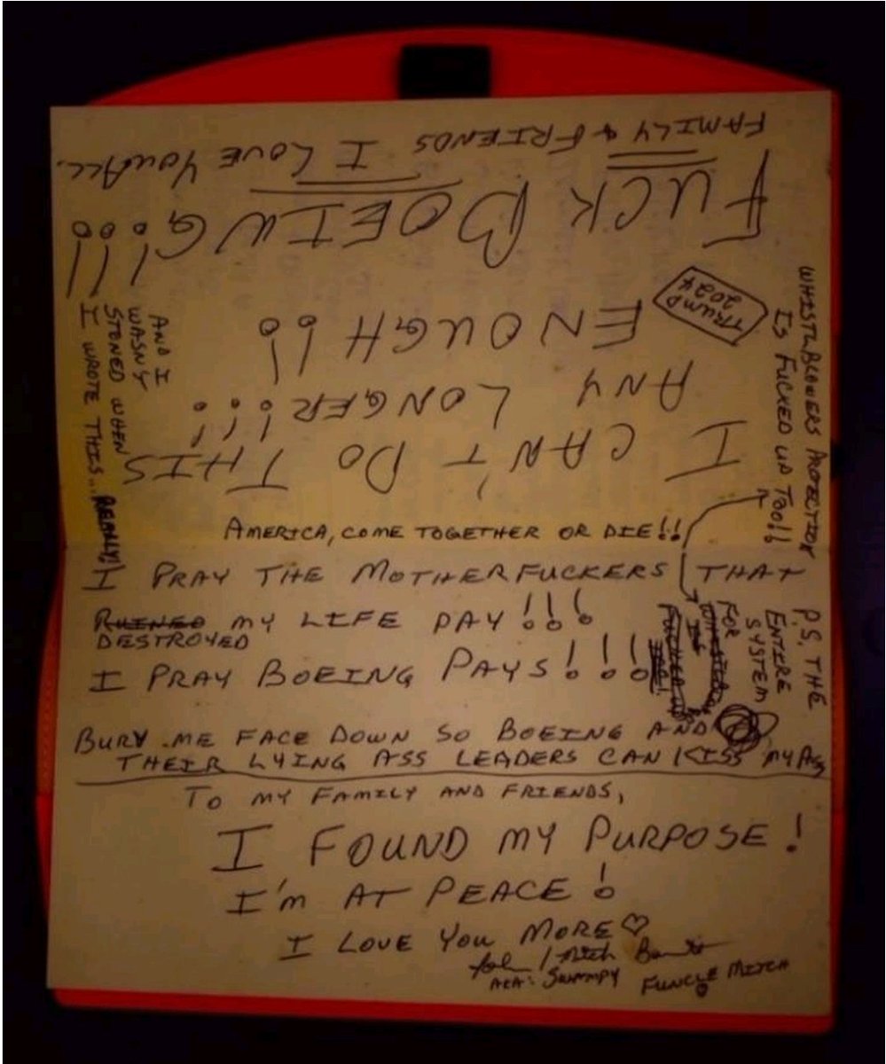 HackingButLegal's tweet photo. Here is @Boeing whistleblower's John Barnett's suicide note.
He tried desperately for years to escalate severe safety concerns, but was subjected to a relentless #SAAPP campaign by senior management targeting him psychologically which led to his death last year on March 9th. https://t.co/q337qcYLQz