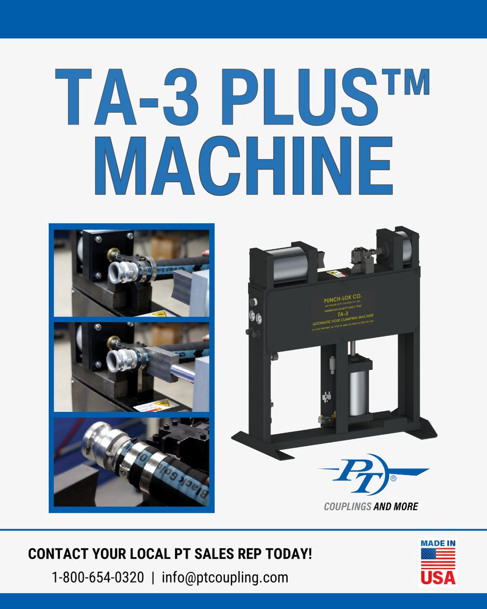 ptcouplingusa's tweet photo. Make hose clamping easier with our TA-3 Plus™ Machine. These automatic machines eliminate the need for manual punching or bending when applying hose clamps to hose assemblies.
Don’t sweat your hose assemblies any longer, contact your local PT Sales Rep to get more details! https://t.co/MwrutUBbKs