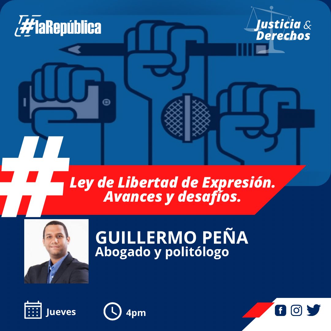La República Radio (@larepradio) on Twitter photo Ley de #LibertaddeExpresión Avances y desafíos, nuestro tema hoy en #LaRepúblicaRadio en nuestro segmento #justiciayderechos con el abogado y politólogo Guillermo Peña.
A partir de las 4pm por La Nota 95.7fm 📻🎙️
<a href="/BaezDerik/">Derik Báez Torres</a> <a href="/RDelgadilllo/">Ramieri Delgadillo Santana | Periodista</a> <a href="/Guillermopca/">Guillermo Peña Capellán</a> Ley de #LibertaddeExpresión Avances y desafíos, nuestro tema hoy en #LaRepúblicaRadio en nuestro segmento #justiciayderechos con el abogado y politólogo Guillermo Peña.
A partir de las 4pm por La Nota 95.7fm 📻🎙️
<a href="/BaezDerik/">Derik Báez Torres</a> <a href="/RDelgadilllo/">Ramieri Delgadillo Santana | Periodista</a> <a href="/Guillermopca/">Guillermo Peña Capellán</a>