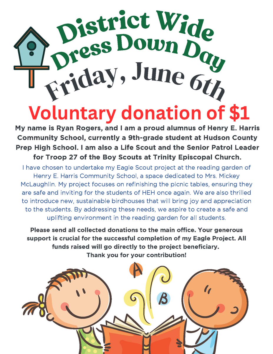 BayonneBOE (@bayonneboe) on Twitter photo Ready to dress down for a good cause? ππ
Friday, June 6th, is a District-Wide Dress Down Day! Please consider donating $1 (voluntary!) to help Ryan Rogers, Henry Harris alum, with his Eagle Scout project. He's beautifying the <a href="/HEHHawks1/">Henry Harris School</a> reading garden! ππ³ Ready to dress down for a good cause? ππ
Friday, June 6th, is a District-Wide Dress Down Day! Please consider donating $1 (voluntary!) to help Ryan Rogers, Henry Harris alum, with his Eagle Scout project. He's beautifying the <a href="/HEHHawks1/">Henry Harris School</a> reading garden! ππ³