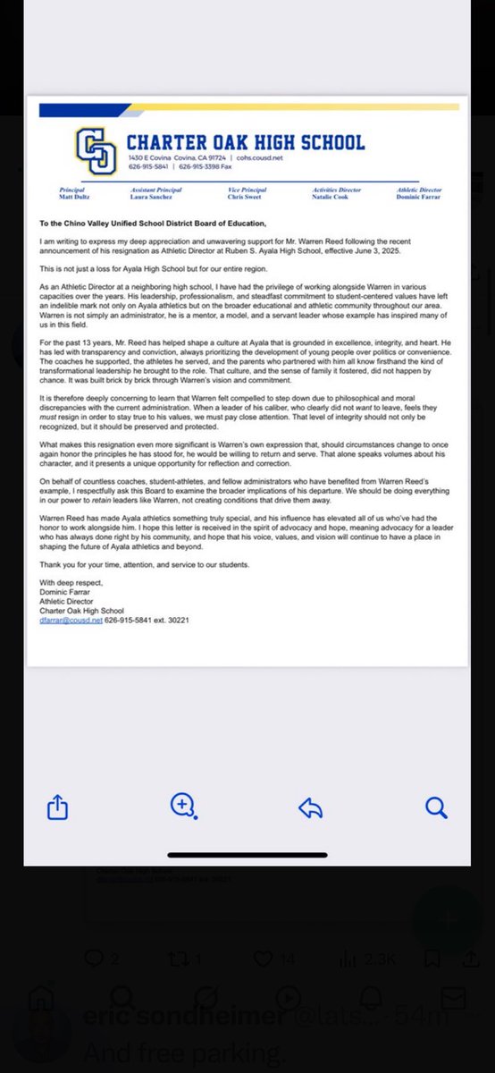 Charter Oak athletic director and football coach Dominic Farrar writes a letter of support for Ayala AD Warren Reed, who recently announced his resignation.

You don’t see this very often.