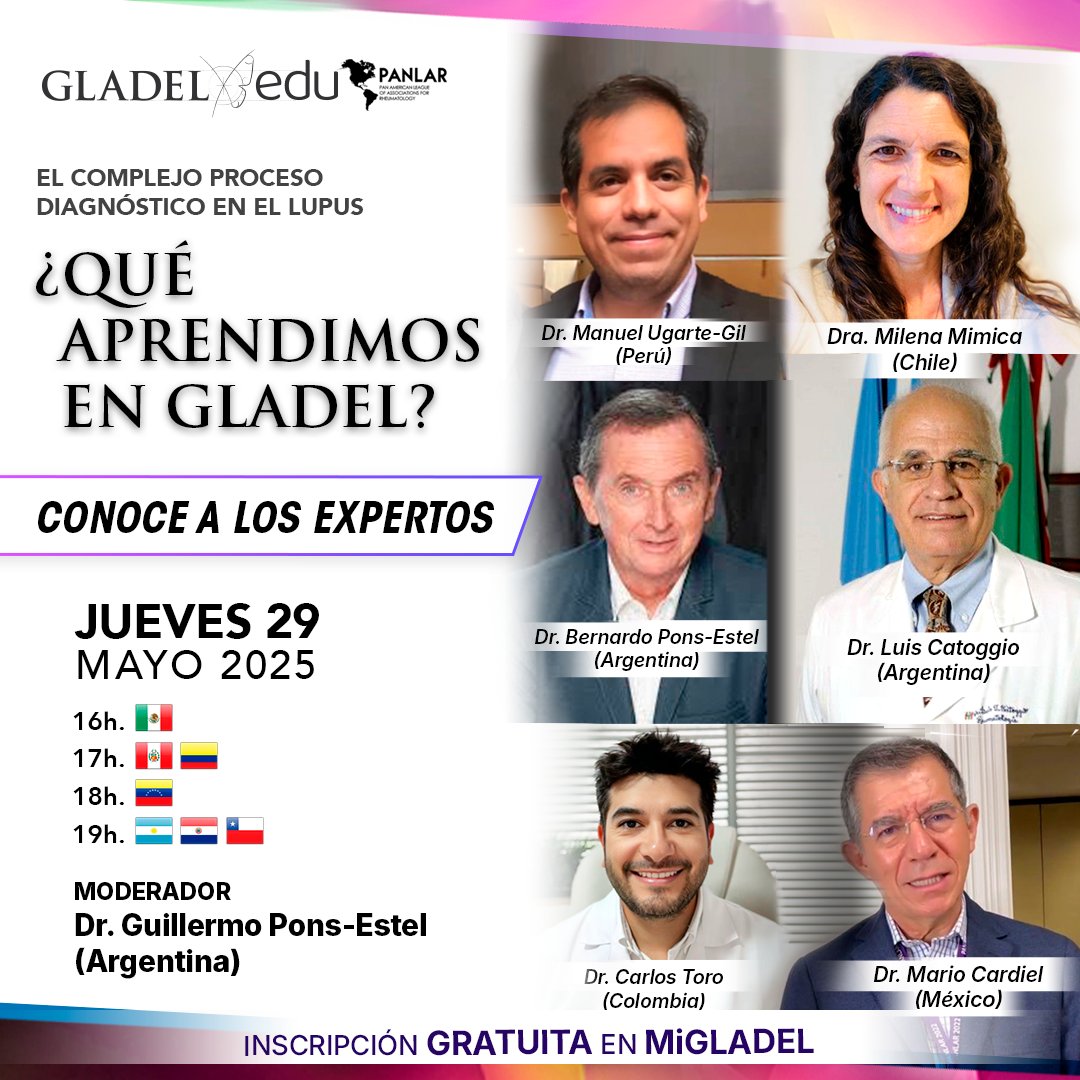GLADEL (@gladel_latam) on Twitter photo 🌎 Especialistas de 🇦🇷🇨🇱🇨🇴🇲🇽🇵🇪 comparten su visión sobre el diagnóstico del lupus.
💻 Virtual | 🎟️ Gratis con inscripción en 👉 migladel.gladel.org
📩 Info: secretaria@gladel.org
#Lupus #Reumatología #DíaMundialDelLupus 🌎 Especialistas de 🇦🇷🇨🇱🇨🇴🇲🇽🇵🇪 comparten su visión sobre el diagnóstico del lupus.
💻 Virtual | 🎟️ Gratis con inscripción en 👉 migladel.gladel.org
📩 Info: secretaria@gladel.org
#Lupus #Reumatología #DíaMundialDelLupus