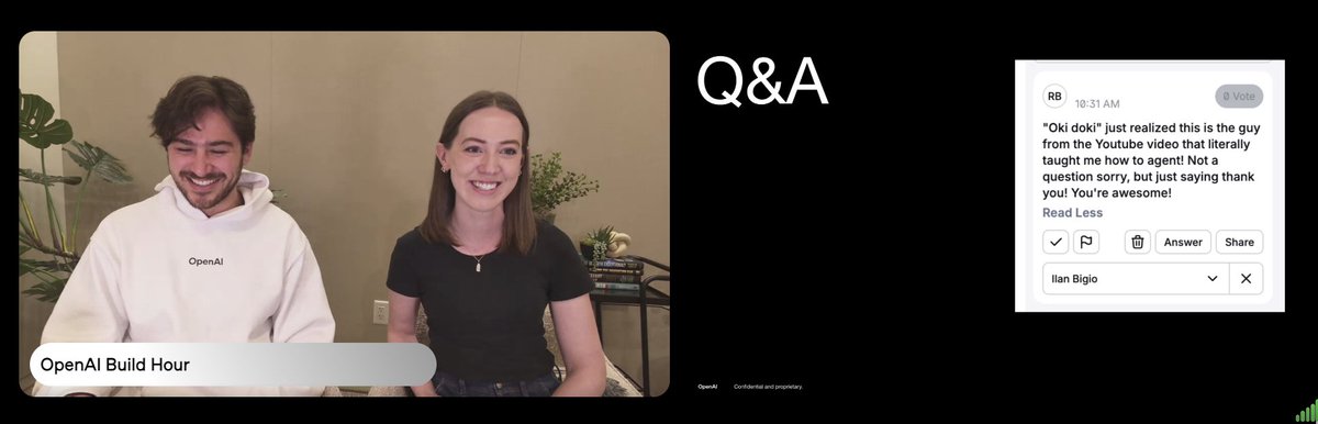 ilan bigio (@ilanbigio) on Twitter photo wrapping up @openai build hours and <a href="/surbonas/">Sarah Urbonas</a> snuck in a "question" that made my day
thanks all for coming, will be sharing the recording soon! (and the full code as well) wrapping up @openai build hours and <a href="/surbonas/">Sarah Urbonas</a> snuck in a "question" that made my day
thanks all for coming, will be sharing the recording soon! (and the full code as well)