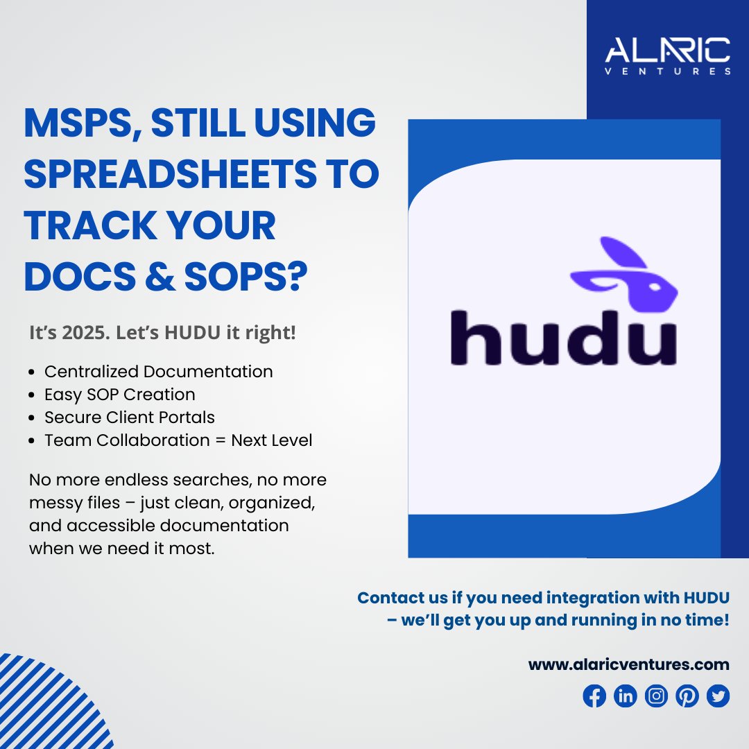 AlaricLtd's tweet image. Contact us if you need integration with HUDU – we’ll get you up and running in no time!
alaricventures.com
#HUDU #MSPTools #DocumentationDoneRight #SOPs #MSPLife #TechStack #Automation #ITSupport