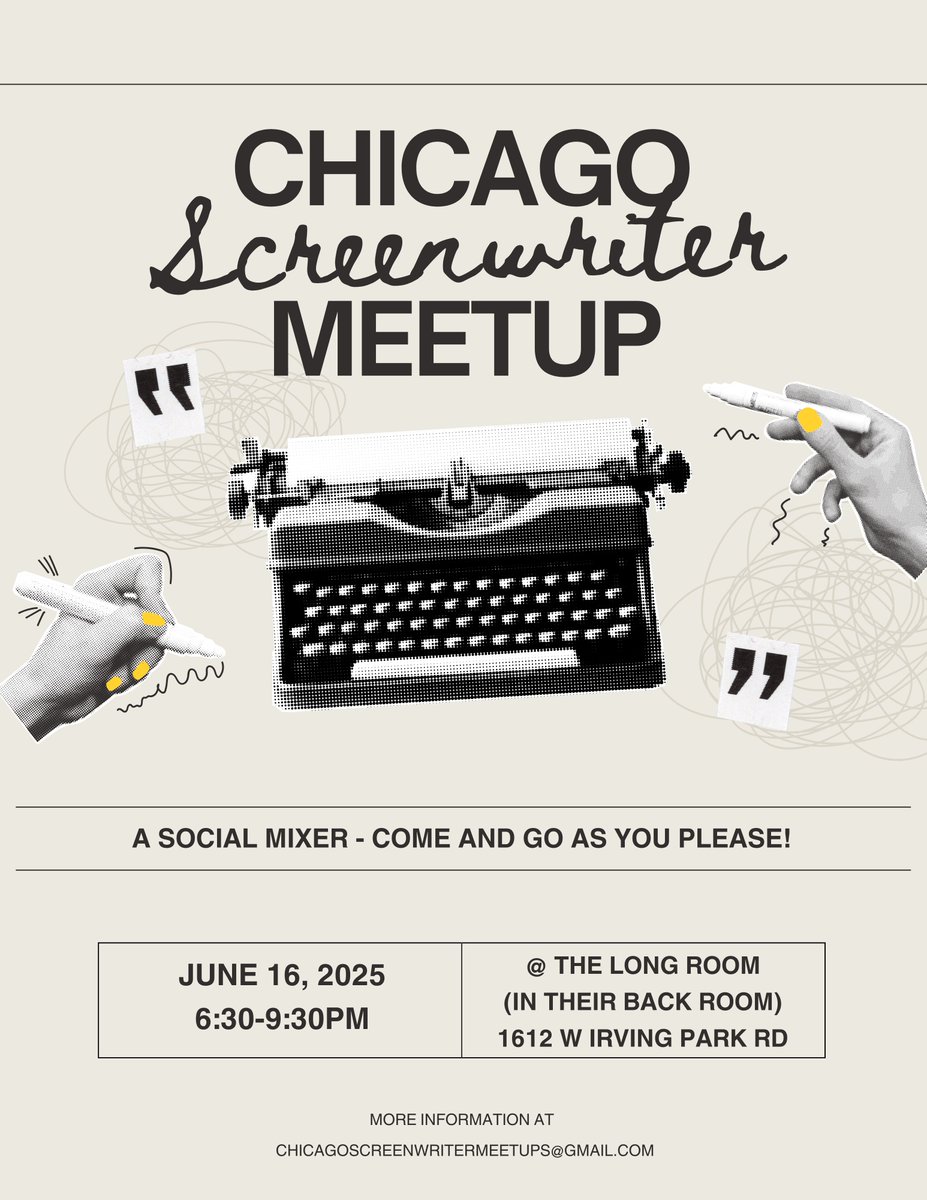 We're doing it again! A Chicago screenwriter meetup!

Monday, June 16, 2025
6:30-9:30pm
@ The Long Room
(in their back room)
1612 W Irving Park Rd

Come and go as you please!