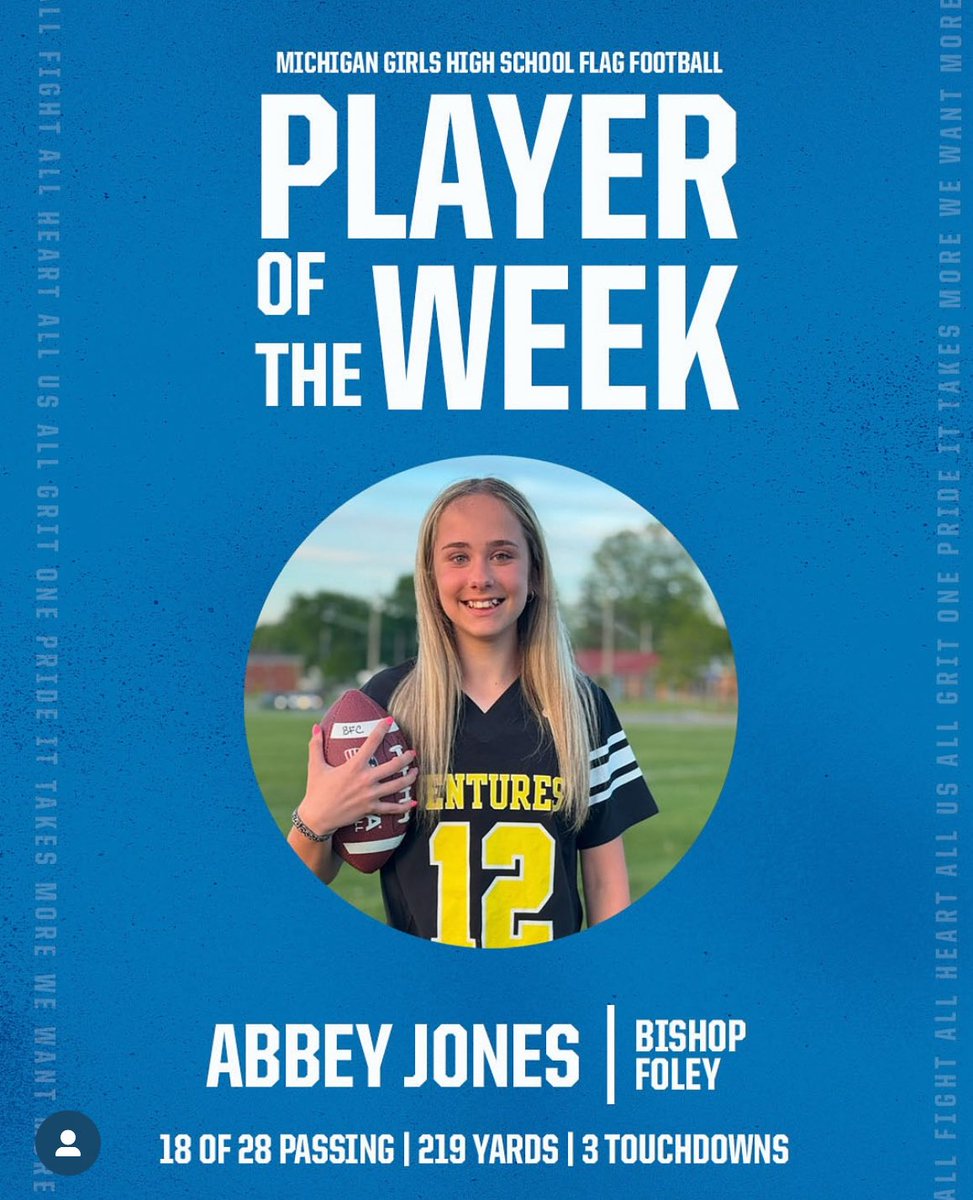 Congrats Abbey Jones BFC Flag Football 2025 Detroit Lions Player of the Week. @lionsyouthfb @chsl1926 <a href="/abbeyy/">abbeyy</a>.jonesss