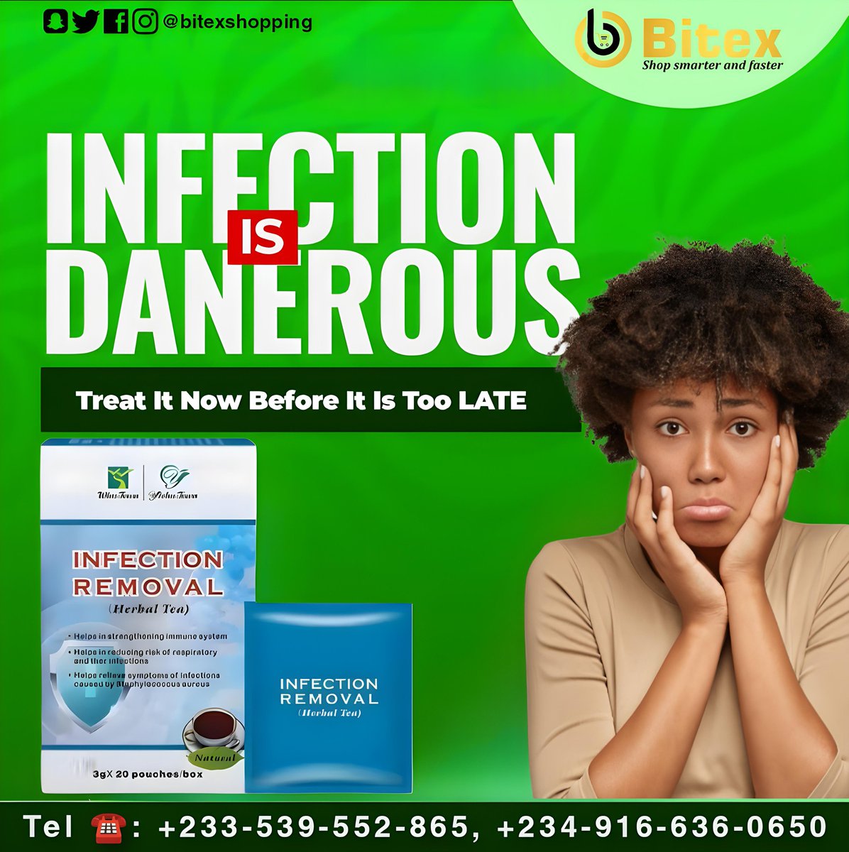 bitexshopping's tweet photo. SAY GOODBYE TO STUBBORN INF3CTIONS ‼️
Infection Removal Herbal Tea 🌿 helps in defending the body against all kinds of infections...
it also boost your immune system and flush out toxins from your body 😌.

🛒 Grab Yours Today ! 
🌐Visit https://t.co/dUxld61R2L

#infection https://t.co/k9haHwHVfG