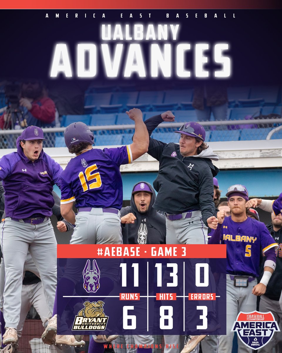 America East (@americaeast) on Twitter photo The Danes do it again! No. 5 <a href="/UAlbanyBaseball/">UAlbany Baseball</a> spurs the upset over top-seeded Bryant to advance to the winner's bracket final of the #AEBase Championship! The Danes do it again! No. 5 <a href="/UAlbanyBaseball/">UAlbany Baseball</a> spurs the upset over top-seeded Bryant to advance to the winner's bracket final of the #AEBase Championship!