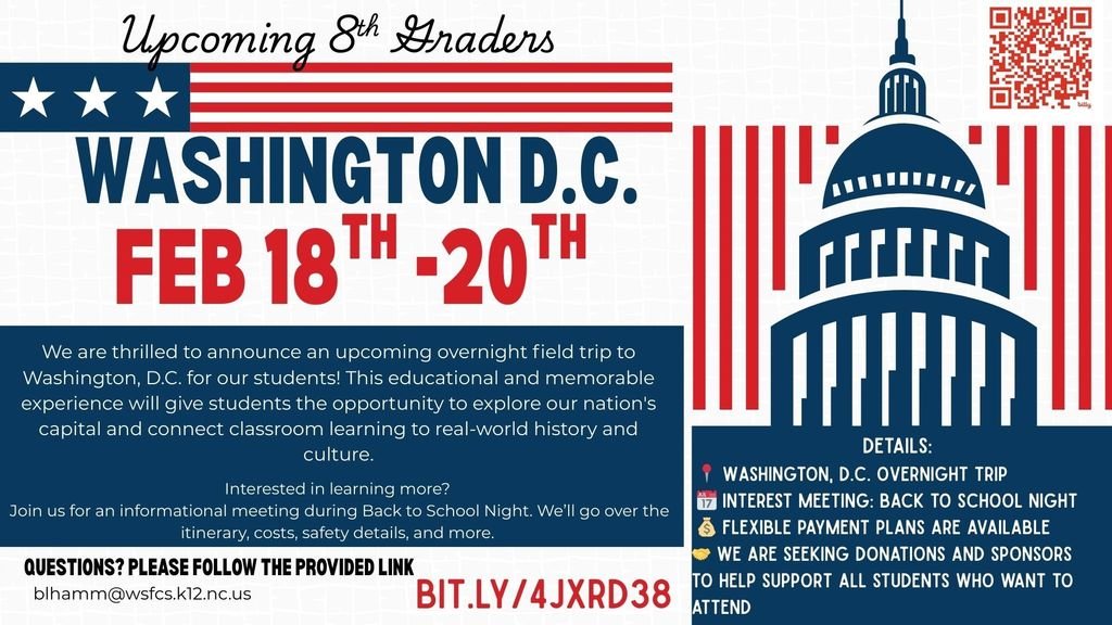 📢 Upcoming 8th Graders: We’re headed to Washington, D.C.! 🏛️ Feb 18–20, 2026
An unforgettable overnight trip full of history, culture, and adventure!
📍 Info meeting: Back to School Night
💰 Payment plans + sponsorships available!
🔗 bit.ly/4JXRD38