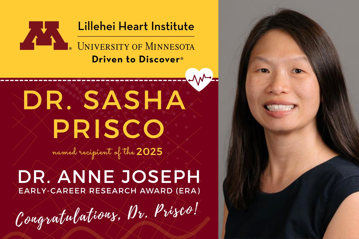 Lillehei Heart Institute (@lilleheihrt) on Twitter photo Congratulations to Dr. <a href="/SashaPrisco/">Sasha Prisco, MD, PhD</a>, selected as the 2025 recipient of the Dr. Anne Joseph Early-Career Research Award (ERA)! The award provides funding to sustain productivity & retention of early-career faculty that took FMLA time away from research. #UMNresearch #UMNheart Congratulations to Dr. <a href="/SashaPrisco/">Sasha Prisco, MD, PhD</a>, selected as the 2025 recipient of the Dr. Anne Joseph Early-Career Research Award (ERA)! The award provides funding to sustain productivity & retention of early-career faculty that took FMLA time away from research. #UMNresearch #UMNheart