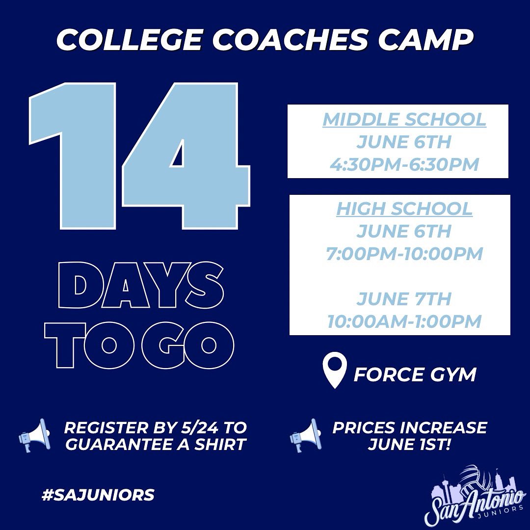 San Antonio Juniors Volleyball (@sajuniorsvb) on Twitter photo Spots are filling up FAST for our College Coaches Camp!
Don’t miss your chance to train with top college coaches!
Register by Saturday to guarantee the right T-shirt size!
Price goes up June 1st!
HIGH SCHOOL: sajuniors.sportngin.com/register/form/…
MIDDLE SCHOOL: sajuniors.sportngin.com/register/form/… Spots are filling up FAST for our College Coaches Camp!
Don’t miss your chance to train with top college coaches!
Register by Saturday to guarantee the right T-shirt size!
Price goes up June 1st!
HIGH SCHOOL: sajuniors.sportngin.com/register/form/…
MIDDLE SCHOOL: sajuniors.sportngin.com/register/form/…