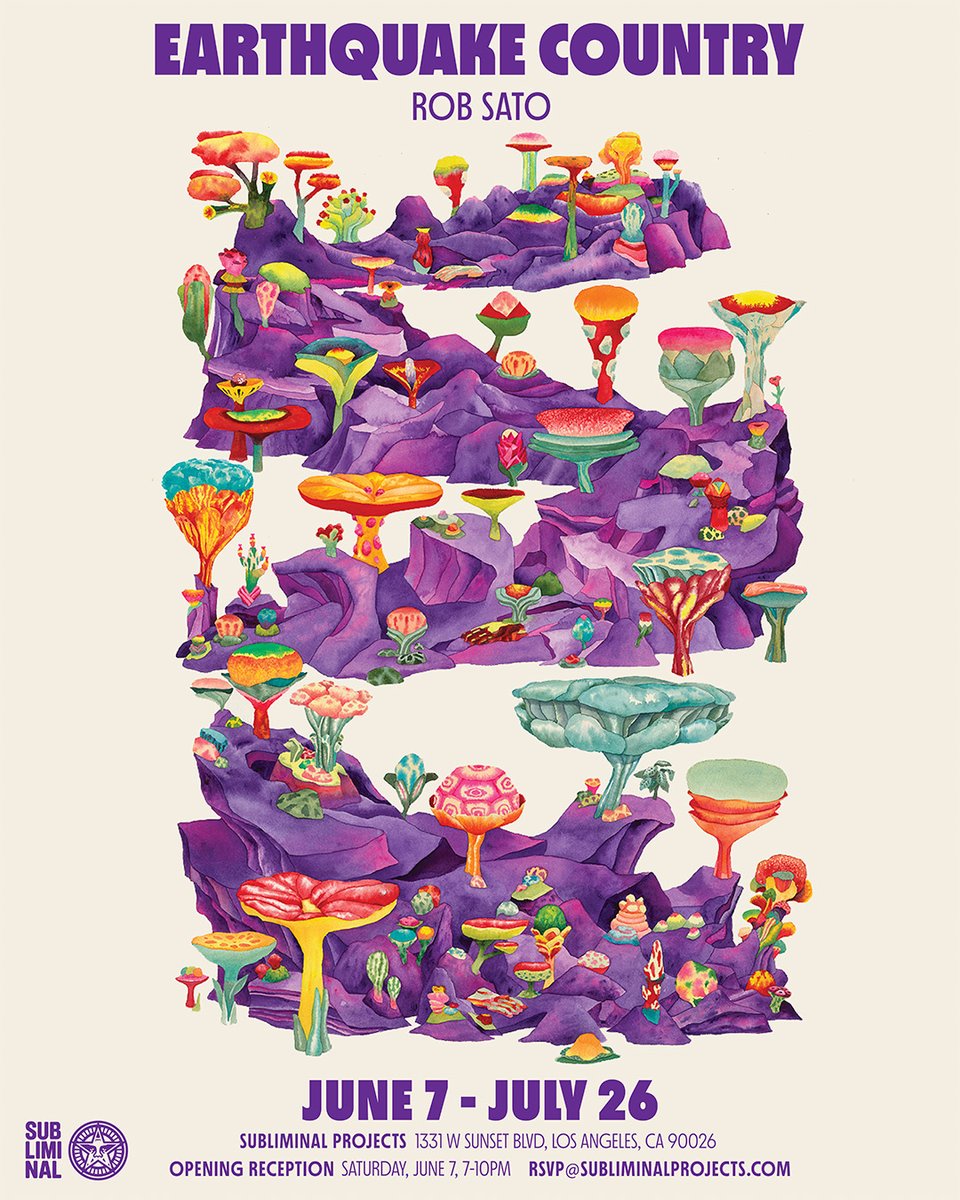 Rob Sato’s art lives in a thrilling zone where seductive, colorful, surreal landscapes invite exploration but paradoxically hint at ominous bad trips lurking over the horizon. Sato’s paintings conjure Willy Wonka's edible candy garden where the fine line between delicious and