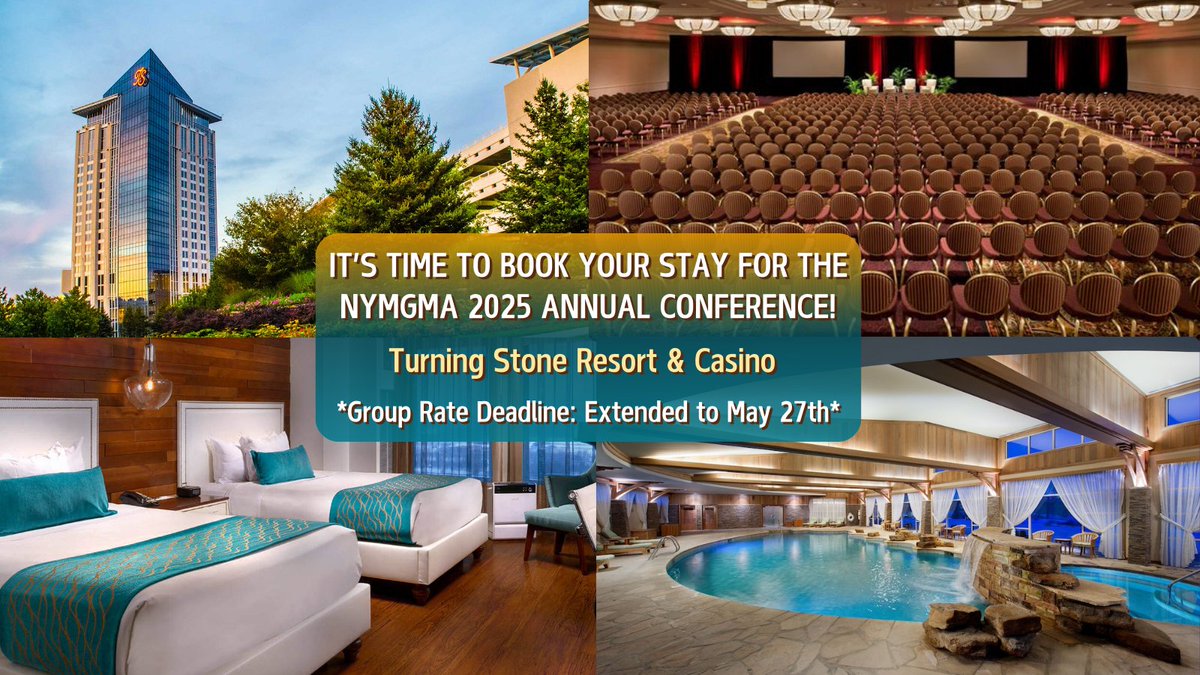 Make the most of your NYMGMA Annual Conference experience by staying at Turning Stone Resort &amp; Casino!📢

🔔Deadline to book group rate: Extended to May 27, 2025🔔
🔗Group Rate code &amp; password can be found on our Lodging Page

BOOK YOUR STAY!⬇️
newyorkmgma.com/Lodging/