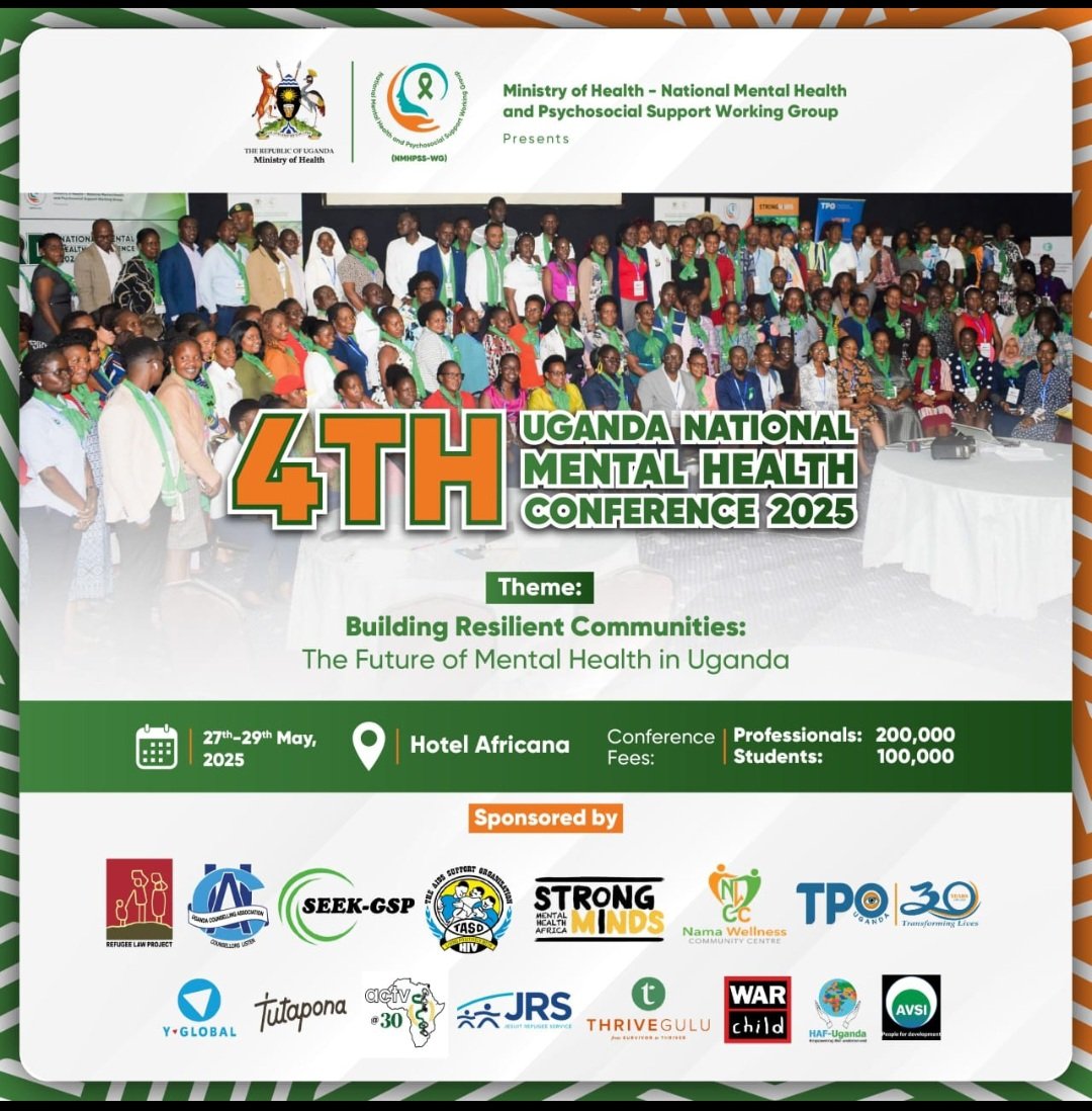 Mental Health & Psychosocial Support Working Group (@nmhpsswg) on Twitter photo 4 days be4 the 4th National MH Conf as we crown the awareness raising activities for the #MentalHealthAwarenessMonth
We appreciate our sponsors <a href="/TpoUg/">TPO Uganda</a> <a href="/MakeStrongMinds/">StrongMinds</a> <a href="/refugeelawproj/">Refugee Law Project</a> <a href="/Tutapona/">Tutapona</a> <a href="/actvuganda/">ACTV - Against Torture</a> <a href="/NamaWellness/">Nama Wellness Community Centre (NAWEC)</a> <a href="/FondazioneAVSI/">Fondazione AVSI</a> <a href="/counsellingug/">Uganda Counselling Association (UCA)</a> <a href="/SeekGsp/">SEEK GSP Intitiative</a> <a href="/NationMediaGrp/">Nation Media Group</a> 4 days be4 the 4th National MH Conf as we crown the awareness raising activities for the #MentalHealthAwarenessMonth
We appreciate our sponsors <a href="/TpoUg/">TPO Uganda</a> <a href="/MakeStrongMinds/">StrongMinds</a> <a href="/refugeelawproj/">Refugee Law Project</a> <a href="/Tutapona/">Tutapona</a> <a href="/actvuganda/">ACTV - Against Torture</a> <a href="/NamaWellness/">Nama Wellness Community Centre (NAWEC)</a> <a href="/FondazioneAVSI/">Fondazione AVSI</a> <a href="/counsellingug/">Uganda Counselling Association (UCA)</a> <a href="/SeekGsp/">SEEK GSP Intitiative</a> <a href="/NationMediaGrp/">Nation Media Group</a>