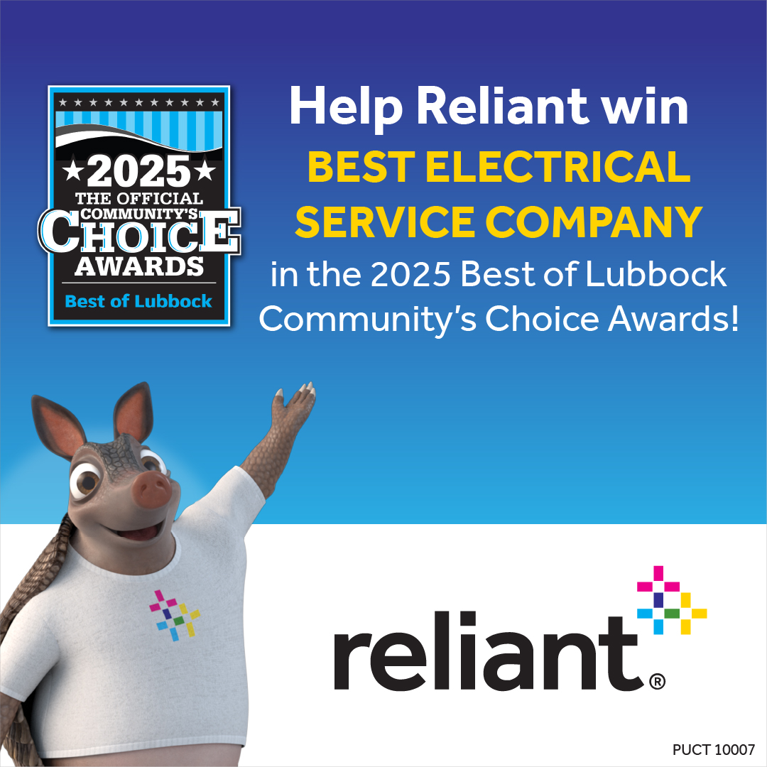 Nominate us for the best electrical service company in the 2025 Best of Lubbock Community’s Choice Awards! Click the link below, select “Home Services &amp; Finance,” scroll to “Electricity Company” and hit the nominate button next to Reliant. ms.spr.ly/6019SeYc7