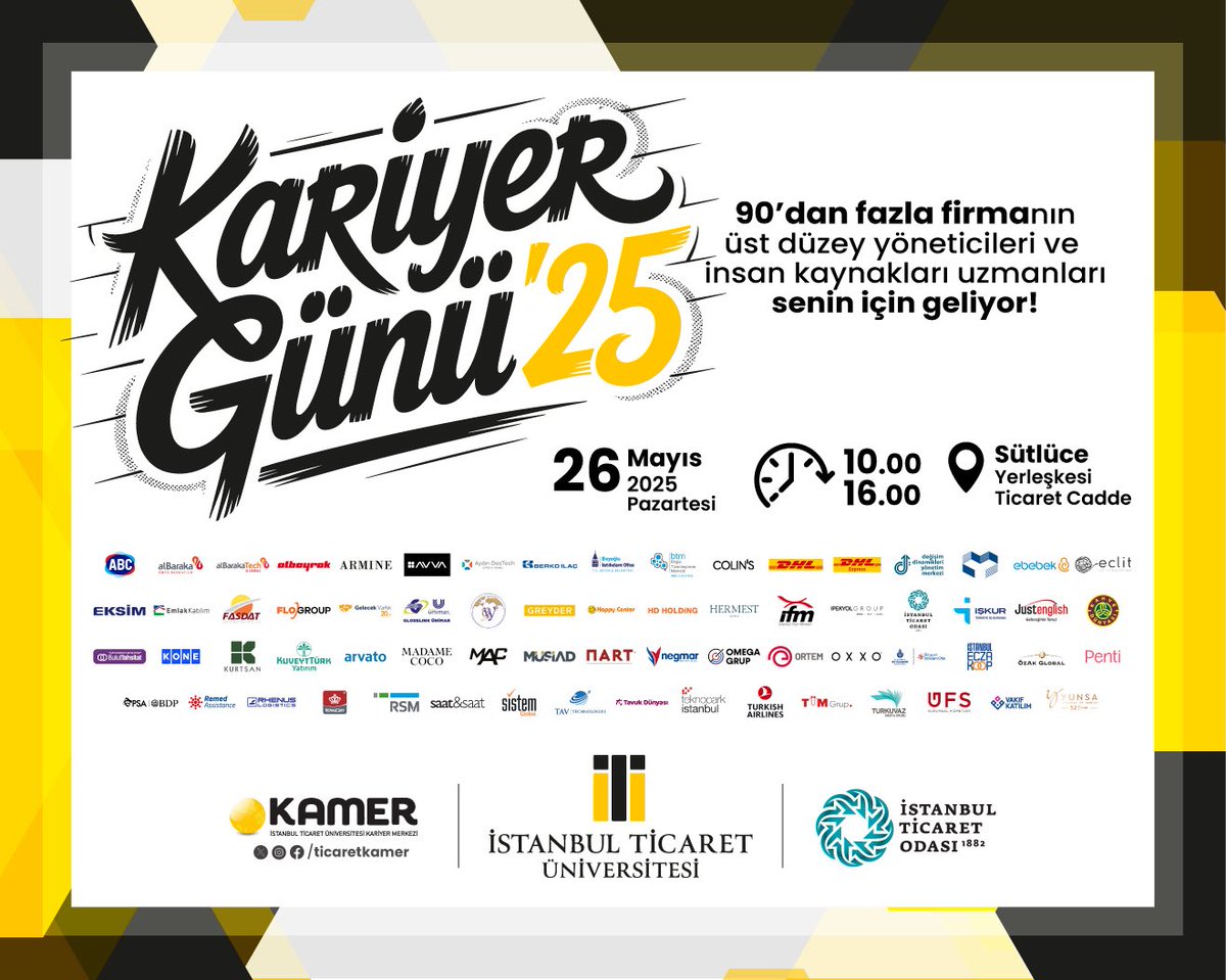 📣 Kariyer Günü ’25 Başlıyor!
90’dan fazla seçkin firma 26 Mayıs’ta kampüsümüzde seni bekliyor!
Staj ve iş fırsatları, networking imkânı, ilham veren görüşmeler ve daha fazlası bu etkinlikte!

💼 Geleceğini şekillendirmek istiyorsan, bu fırsatı kaçırma!