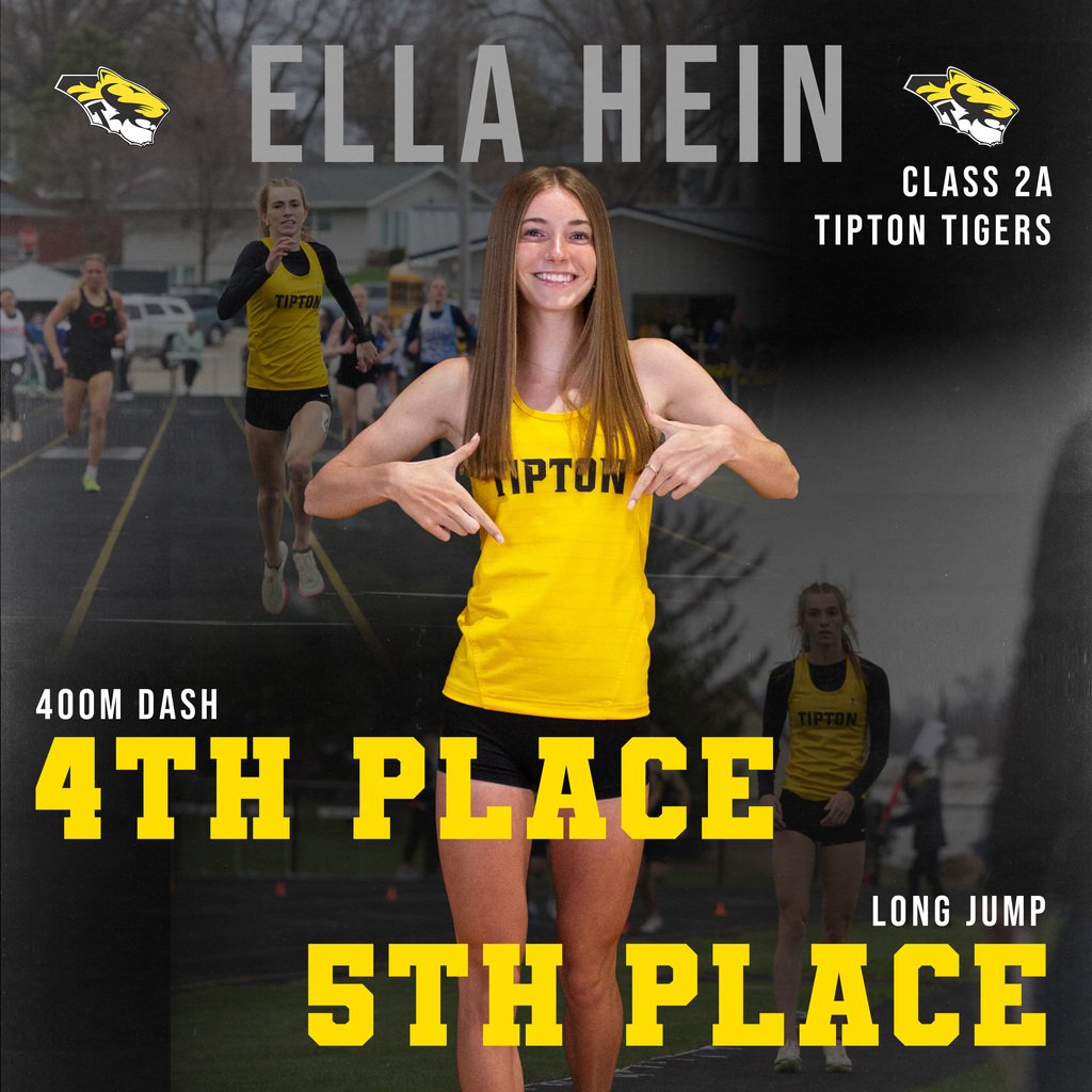 Ella Hein with TWO top 5 finishes within about 10 minutes of each other! The leaps to 5th place in the long jump and earns a 4th place finish in the 400 meter dash at the State Meet! Way to go Ella!