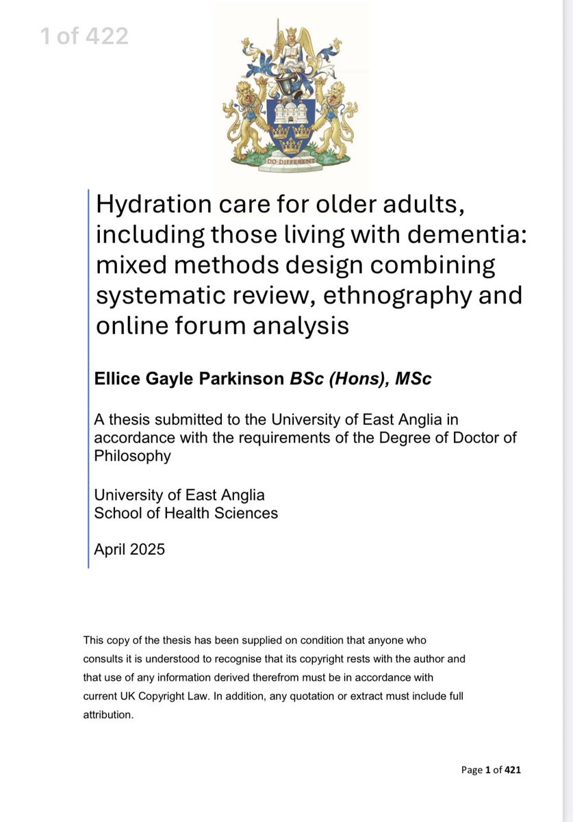 Ellice Parkinson (@elliceparkinson) on Twitter photo I am proud to say that my #phd #thesis examining the #hydration care for older people, including those living with #dementia, is now published and available online: ueaeprints.uea.ac.uk/id/eprint/9931…
#ageing #dehydration #geriatric #carehome <a href="/uniofeastanglia/">UEA</a> <a href="/ARC_EoE/">NIHR ARC East of England</a> <a href="/ESPENorg/">ESPEN</a> <a href="/DHSCgovuk/">Department of Health and Social Care</a> I am proud to say that my #phd #thesis examining the #hydration care for older people, including those living with #dementia, is now published and available online: ueaeprints.uea.ac.uk/id/eprint/9931…
#ageing #dehydration #geriatric #carehome <a href="/uniofeastanglia/">UEA</a> <a href="/ARC_EoE/">NIHR ARC East of England</a> <a href="/ESPENorg/">ESPEN</a> <a href="/DHSCgovuk/">Department of Health and Social Care</a>