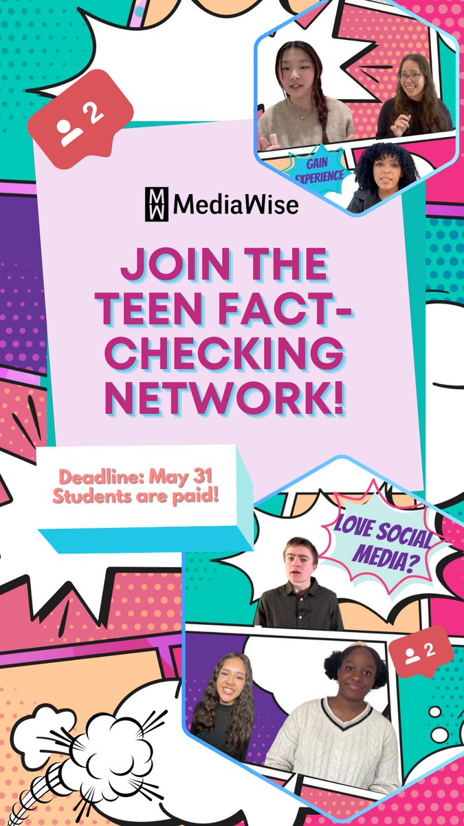 Join the <a href="/mediawise/">MediaWise</a> Teen Fact-Checking Network! We’re looking for middle &amp; high school students interested in creating TikTok and YouTube videos teaching media literacy! APPLY NOW! 
forms.gle/tBdhGjQtTSsJ9f…
