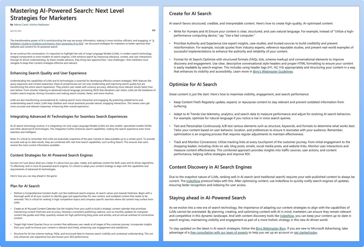 Aleyda Solis 🕊️ (@aleyda) on Twitter photo A Must Read Actionable guide by <a href="/facan/">Fabrice Canel</a> & Krishna Madhavan to Create and Optimize for AI Search 👇🤖
🔭 Plan for AI Search:
* Perform a Comprehensive Content Audit
* Create an AI-focused Content Calendar
* Target High Intent Queries
* Structure for AI: Use schema markup, FAQs, A Must Read Actionable guide by <a href="/facan/">Fabrice Canel</a> & Krishna Madhavan to Create and Optimize for AI Search 👇🤖
🔭 Plan for AI Search:
* Perform a Comprehensive Content Audit
* Create an AI-focused Content Calendar
* Target High Intent Queries
* Structure for AI: Use schema markup, FAQs,