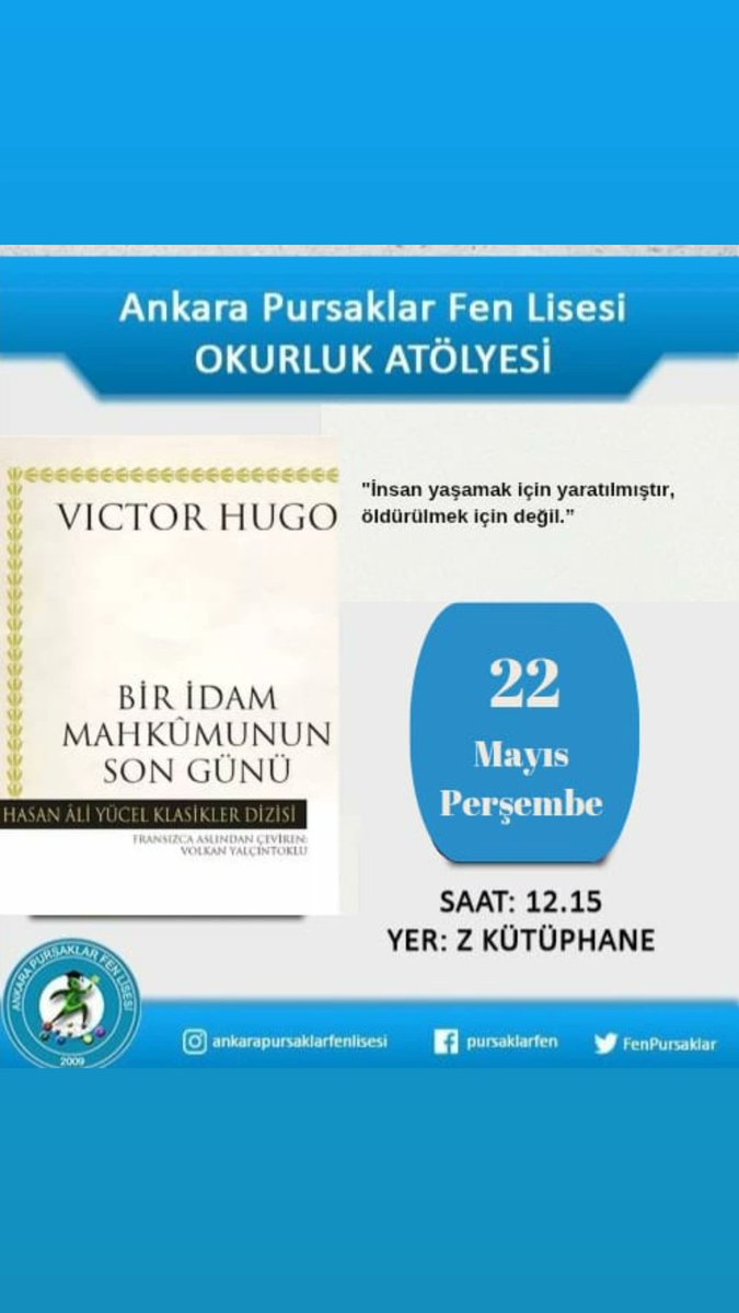 Yılın son "Okurluk Atölyesi"nde Victor Hugo'nun "Bir İdam Mahkumunun Son Günü" eserini ele aldık. Katılım gösteren öğretmen ve öğrencilerimize teşekkür ederiz. <a href="/tcmeb/">Millî Eğitim Bakanlığı</a> <a href="/meb_ogm/">Ortaöğretim Genel Müdürlüğü</a> <a href="/MemAnkara/">Ankara İl Millî Eğitim Müdürlüğü</a> <a href="/kocakysr/">Yaşar Koçak</a> <a href="/PursaklarMem/">Pursaklar İlçe Mem</a> <a href="/mustafakilicgil/">Mustafa Kılıçgil</a>