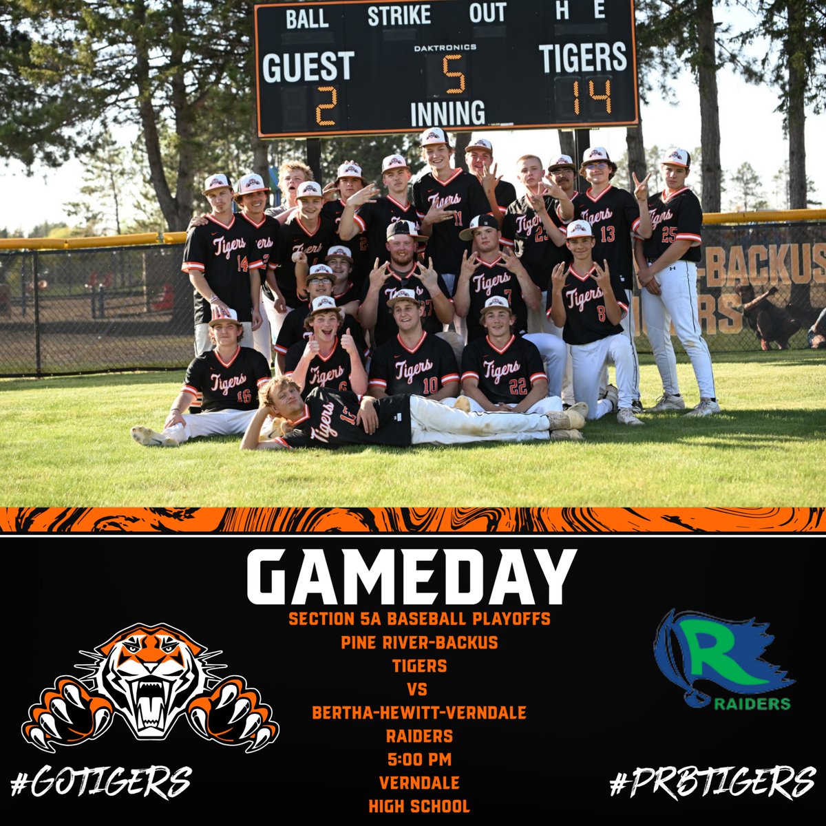Good luck to the PRB Tigers Baseball team as they open the Section 5A Baseball Playoffs today against Bertha-Hewitt/Verndale at Verndale HS starting at 5:00 PM. #GoTigers #PRBTigers

Tickets: vancoevents.com/us/events/land…?
Radio Coverage: CASH 95.9 FM &amp; yourliveevent.com