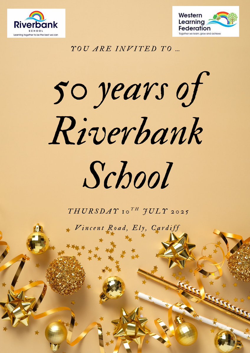 Riverbank School (@riverbanksch) on Twitter photo 🎉 Riverbank School is turning 50! 🎉
We need YOUR help to make our celebration amazing! 🥳
We’re looking for:
🎁 Raffle prizes
🧑🎤 Visitors
🎪 Stalls
…and anything else to help us mark this special milestone!
📞 Want to get involved? Get in touch!
<a href="/CardiffWestern/">Western Learning Federation</a> 🎉 Riverbank School is turning 50! 🎉
We need YOUR help to make our celebration amazing! 🥳
We’re looking for:
🎁 Raffle prizes
🧑🎤 Visitors
🎪 Stalls
…and anything else to help us mark this special milestone!
📞 Want to get involved? Get in touch!
<a href="/CardiffWestern/">Western Learning Federation</a>