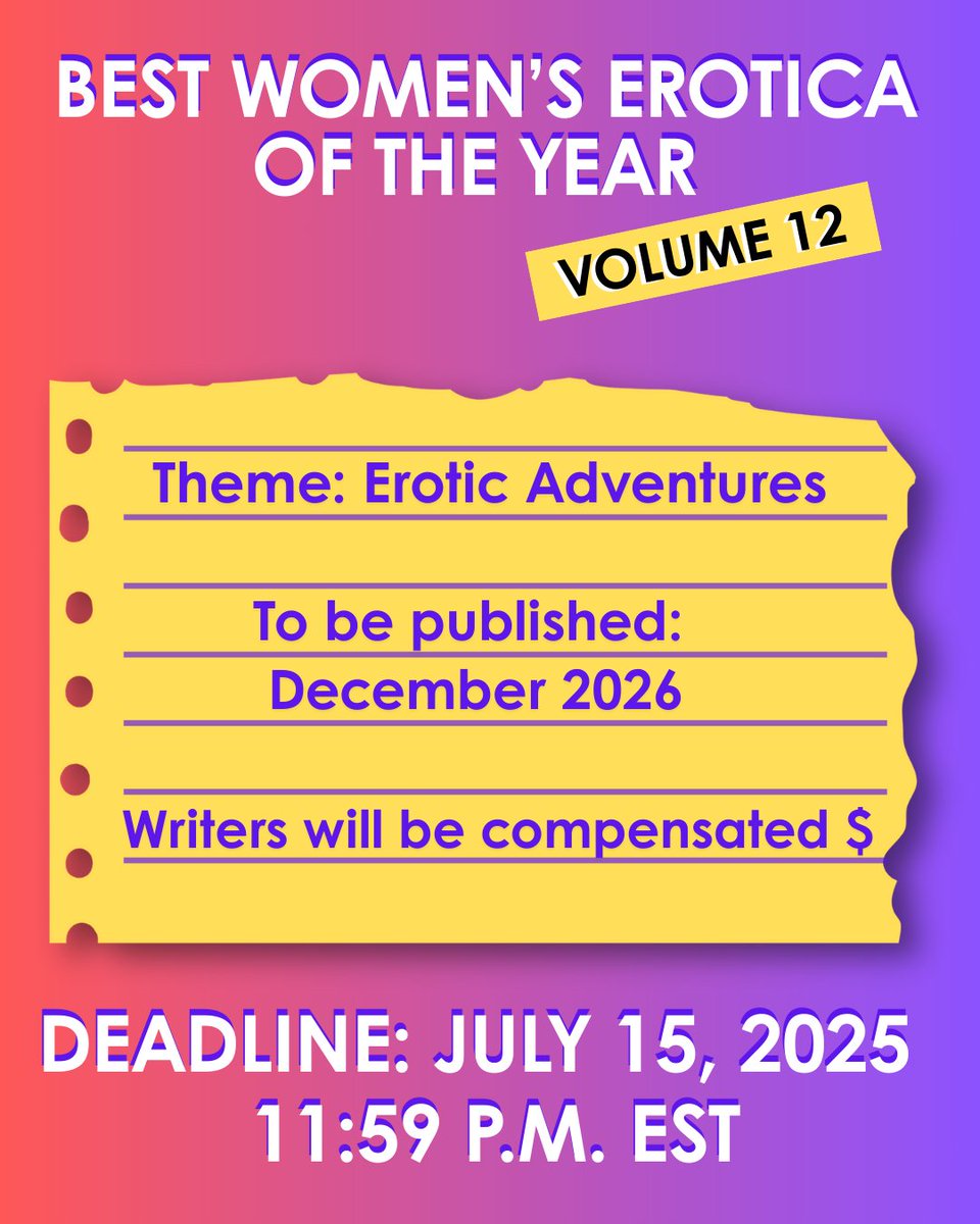 Do you have a steamy #ShortStory that you would love to #GetPublished? Cleis Press has a call for submissions for #BestWomensErotica of the Year, Vol. 12. We're looking for scandalous tales of #EroticAdventures to be published. Writers will be compensated.
LINK IN BIO