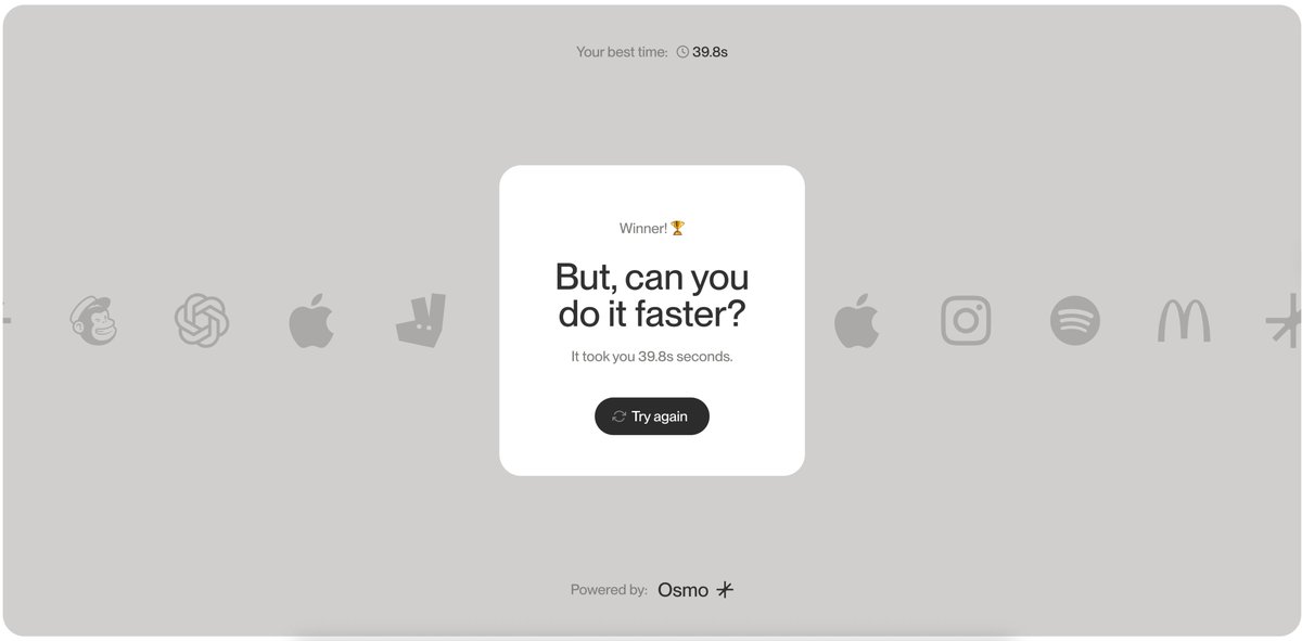So cool once again #OsmoLogoQuiz by <a href="/osmosupply/">Osmo</a> .. Is this done with <a href="/greensock/">GSAP</a> svg?! No need for Lottie or other stuff, I believe.. Took me 39's.. osmo-logo-quiz.webflow.io