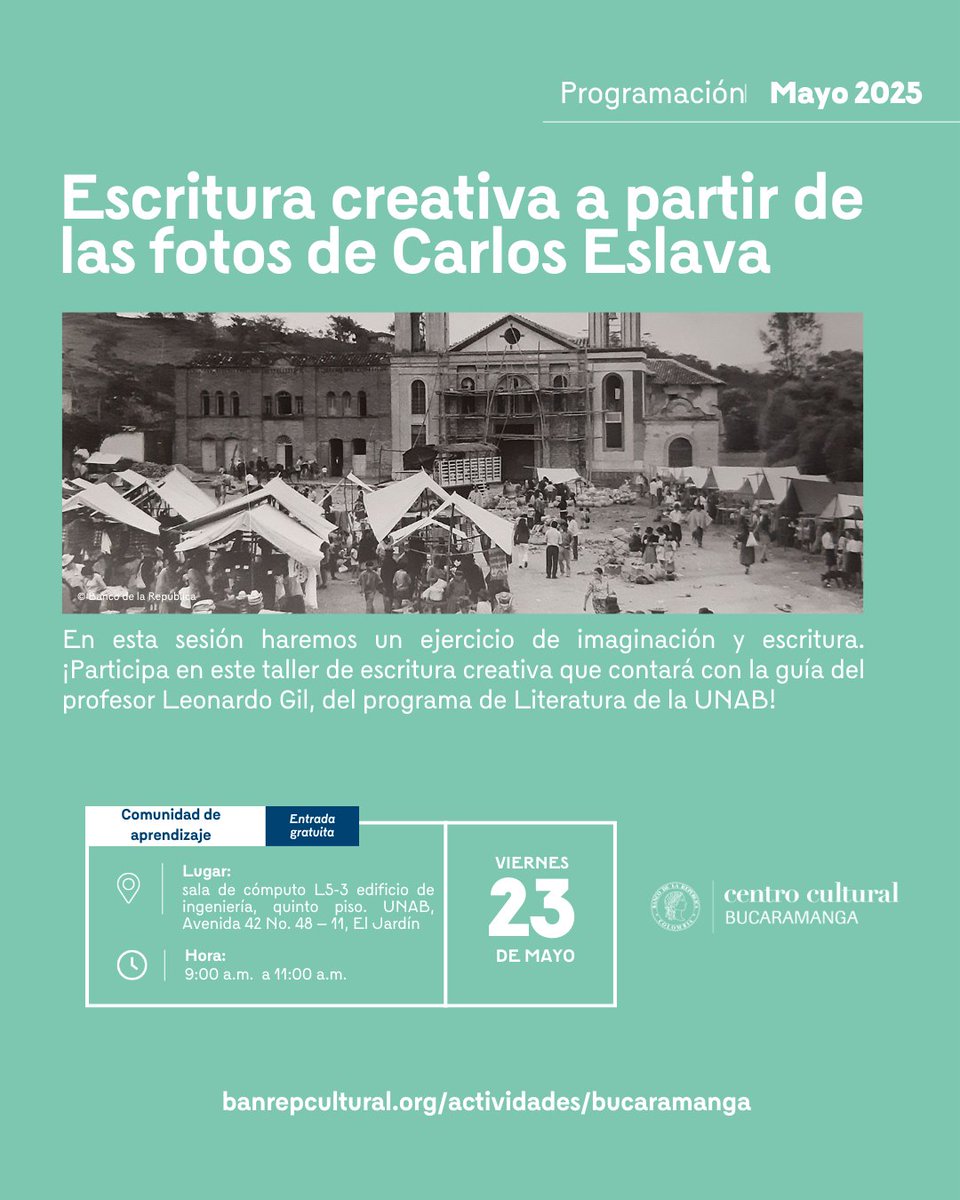 🖋️ Este viernes 23 de mayo, deja que una foto despierte tu imaginación.

Participa en el taller de escritura creativa a partir de las imágenes de Carlos Eslava, guiado por el profe Leonardo Gil (Literatura UNAB).

🎟️ Entrada libre

#Escritura #CentroCultural