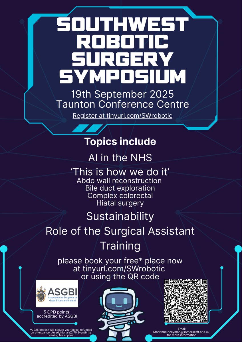 Excited to announce the 2nd SW Robotics Symposium in Taunton — 19th Sept 2025! 

Last year sold out fast, so secure your spot early. 

Don’t miss out on a day of cutting-edge robotics and innovation. 

See you there!

tinyurl.com/SWrobotic
