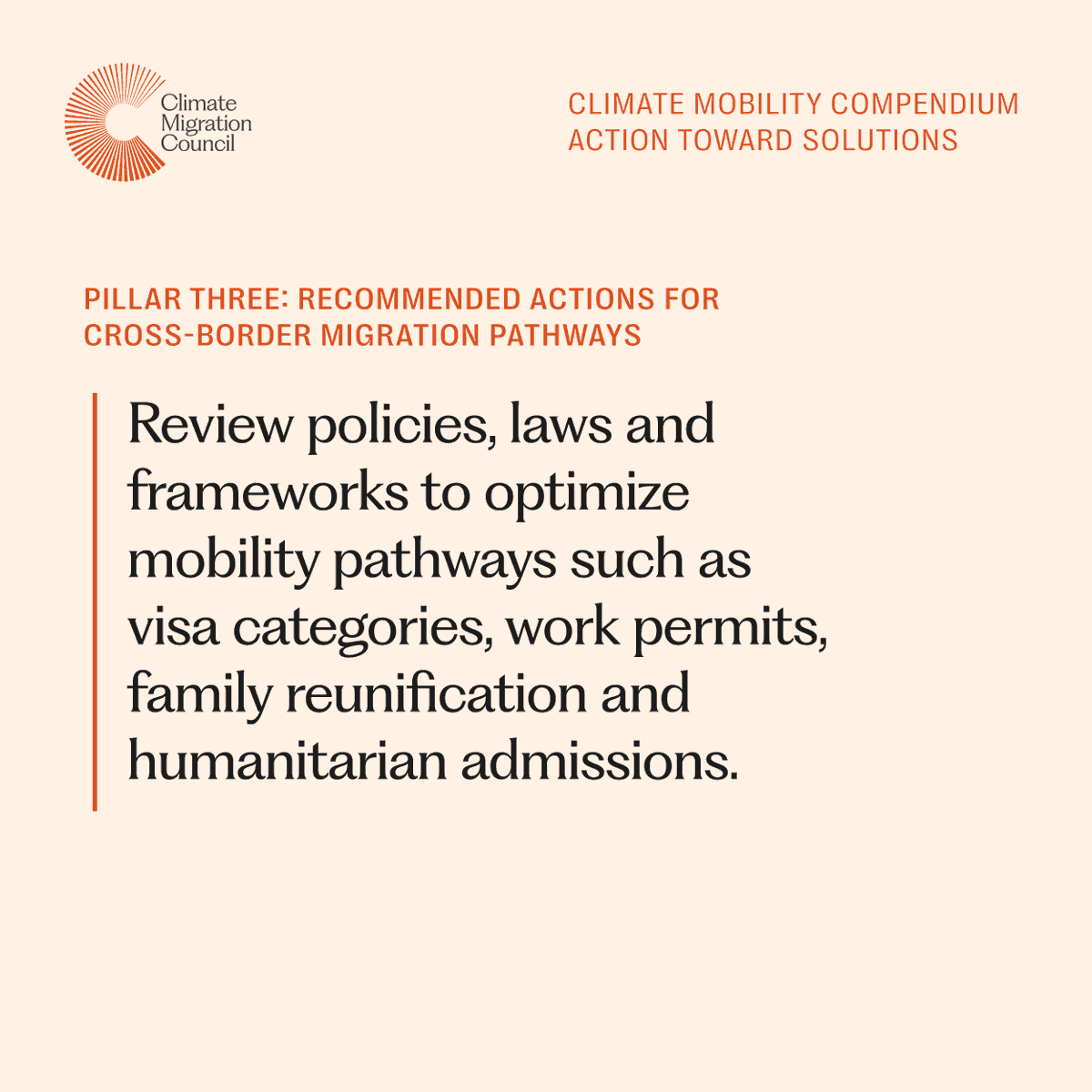 Pillar Three of our Climate Mobility Compendium outlines how governments can expand cross-border migration options - safely, predictably, and with rights at the center.

📄 static1.squarespace.com/static/630ce0a…

#ClimateMigration #MobilityPolicy #CrossBorderMobility #ClimateAction