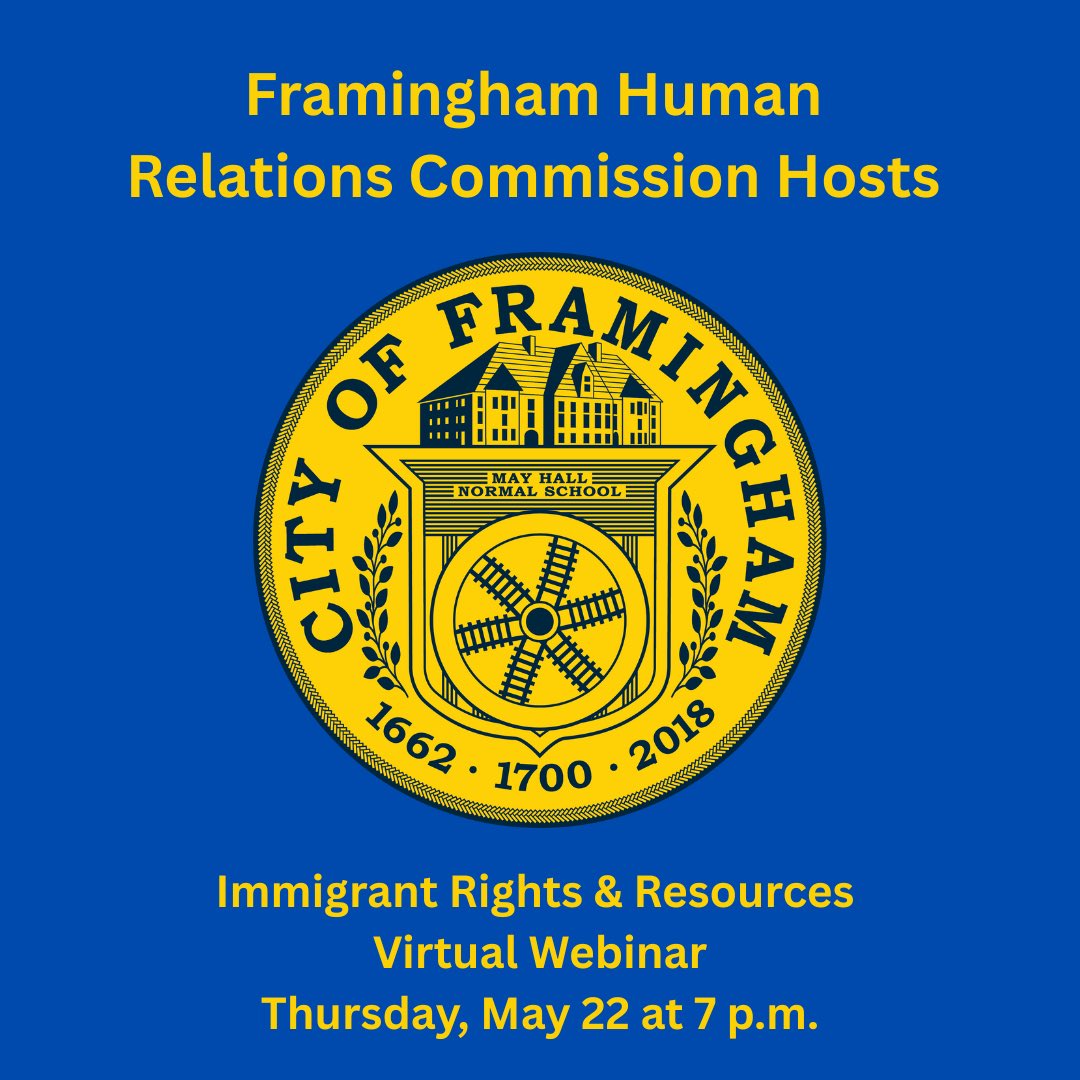 uwoftc's tweet photo. The Framingham Human Relations Commission is hosting a virtual webinar tonight from 7-9pm on immigrant rights and resources, featuring @mwlegal, Framingham Public Schools, the Brazilian-American Center and MIRA. Visit: https://t.co/eMhqnBcxgs https://t.co/rpulLwR94Z
