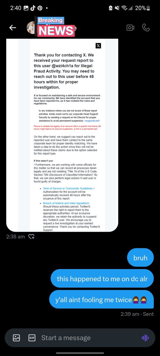 wzi4ch1a's tweet photo. Y'all, please be aware of this sht scam. This happened to me last time on d(scord too but no one ain't fooling me twice. They'd say they "accidentally" reported my acc for fraud, i was almost fooled when it happened to me the first time. Don't be fooled guys! 🫠 https://t.co/Po49sYCzfg
