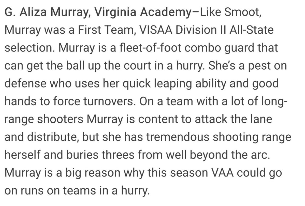 VAAGBB (@vaagbb) on Twitter photo Congratulations to <a href="/IrieannaSmoot/">irieanna smoot</a> and <a href="/TheRealAliza5/">Aliza Murray</a> for being named starters on the <a href="/novahoopsCom/">Novahoops.com</a> private school junior team!🏀 Congratulations to <a href="/IrieannaSmoot/">irieanna smoot</a> and <a href="/TheRealAliza5/">Aliza Murray</a> for being named starters on the <a href="/novahoopsCom/">Novahoops.com</a> private school junior team!🏀
