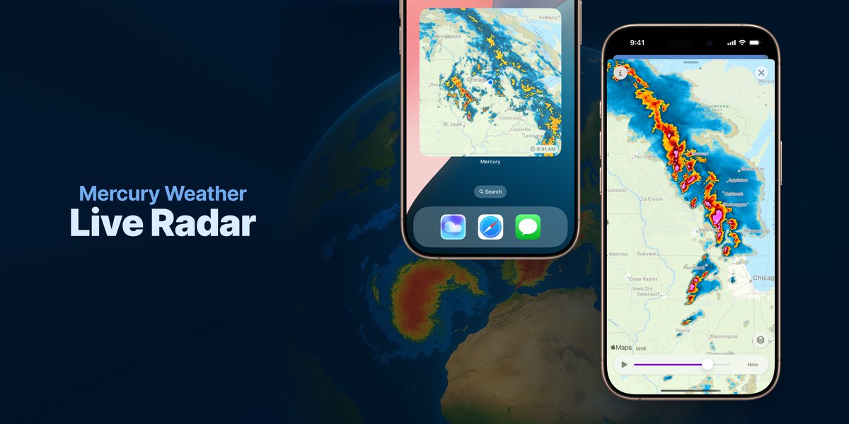 mercuryweather's tweet image. Our latest update is out, and this time we’ve added weather radar (finally!) 🗺️🎉

See rain, snow, and more in real-time with precipitation layers and different map styles. Your favorite locations and upcoming trips are also pinned right on the map.

+ There&apos;s a new widget! 📱