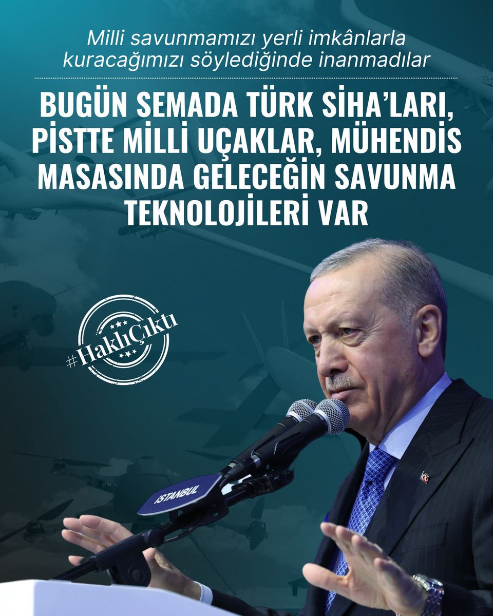Milli savunmamızı yerli imkanlarla
kuracağımızı söylediginde inanmadılar..

Bugün Semada Türk sihaları,
pistte Milli uçaklar, mühendis
masasında geleceğin savunma
teknolojileri var.

#HaklıÇıktı 

<a href="/RTErdogan/">Recep Tayyip Erdoğan</a>