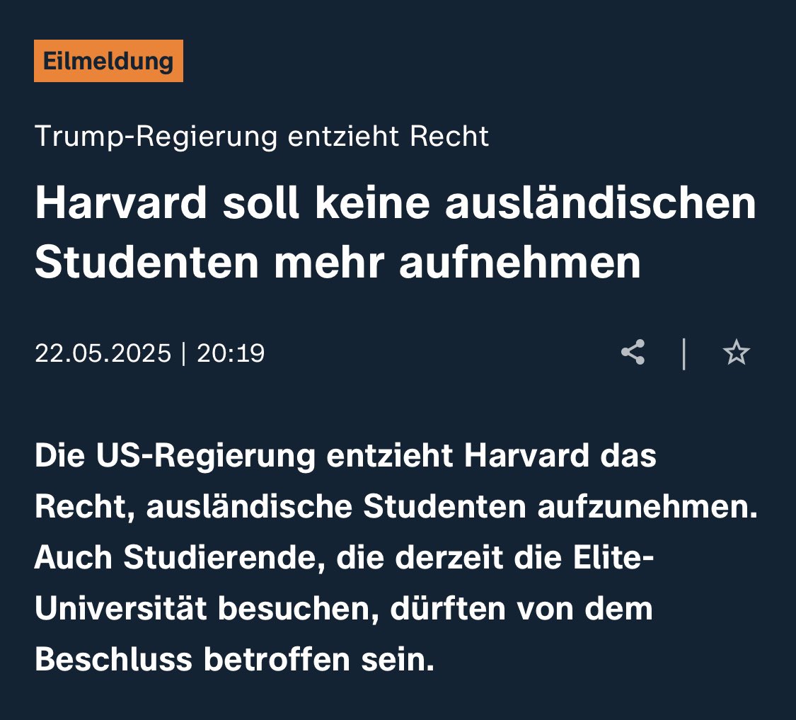 ‼️Breaking:

Die Elite Universität Harvard darf keine ausländischen Studenten mehr aufnehmen.
Auch bereits Studierende sollen betroffen sein.
Unfassbar.
<a href="/Harvard/">Harvard University</a> 
#Harvard 

zdf.de/nachrichten/po…